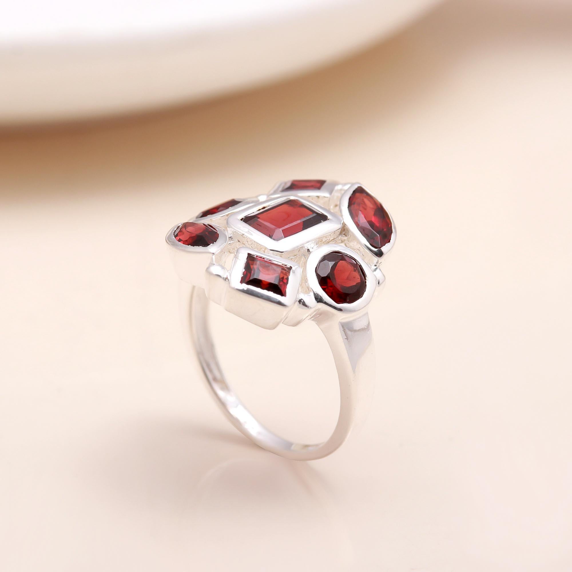 The Red Collage: Multi-Shape Garnet Cluster Ring