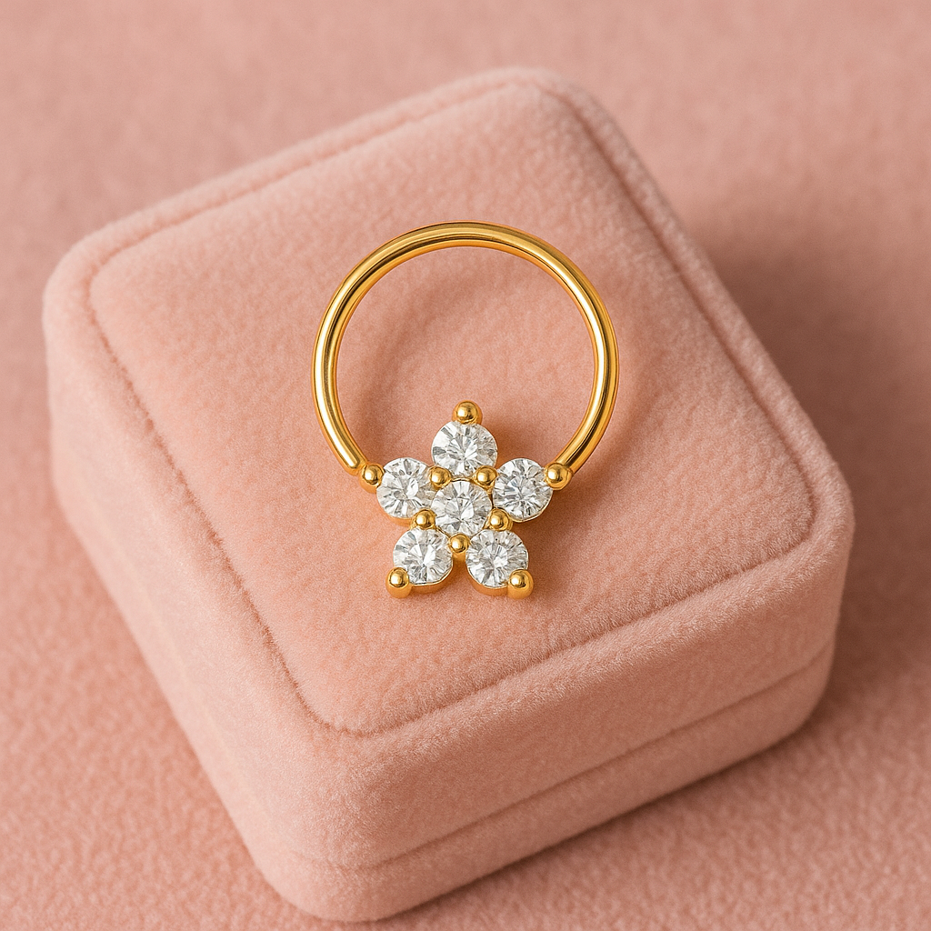 925 Sterling Silver Gold Plated Floral White Cz Cluster Nose Pin| Piercing Jewelry