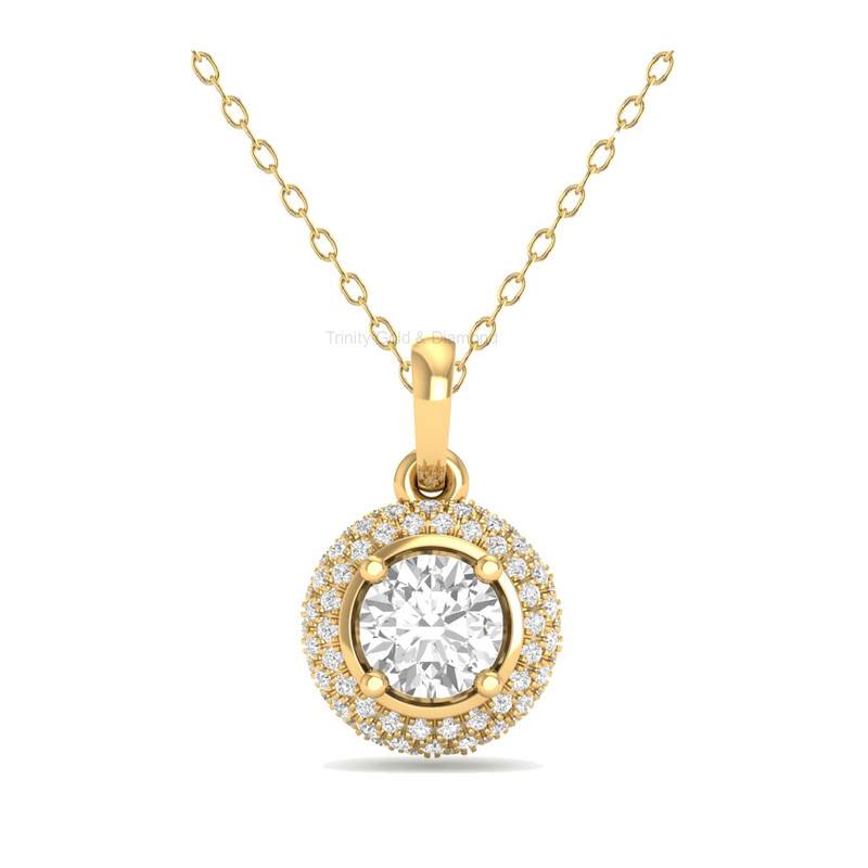 925 Sterling Silver Gold Plated Round Moissanite Halo Pendant Necklace