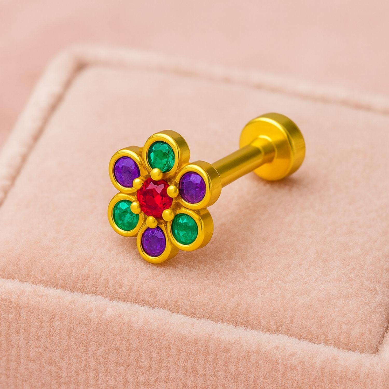 925 Sterling Silver Gold Plated Multi color Gemstone Floral Nose Pin