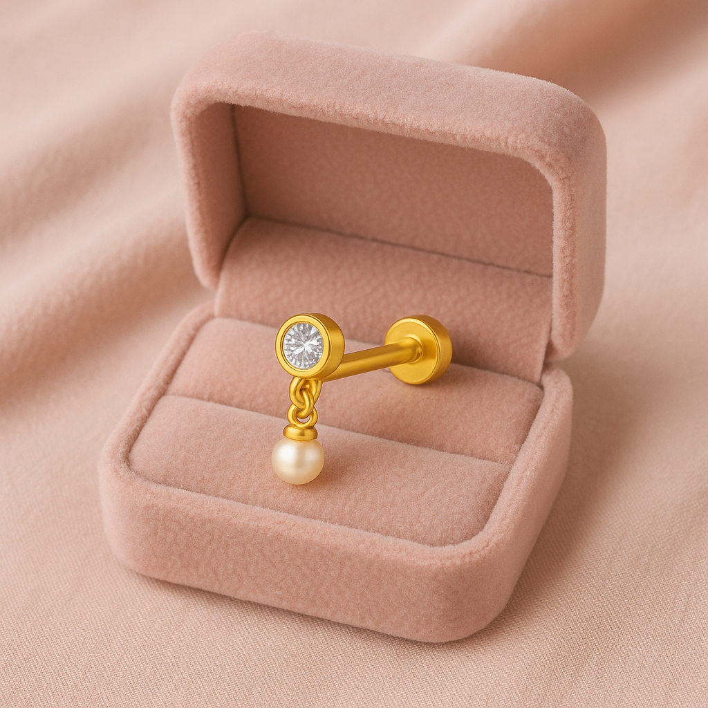 925 Sterling Silver Gold Plated Pearl Drop Nose Pin