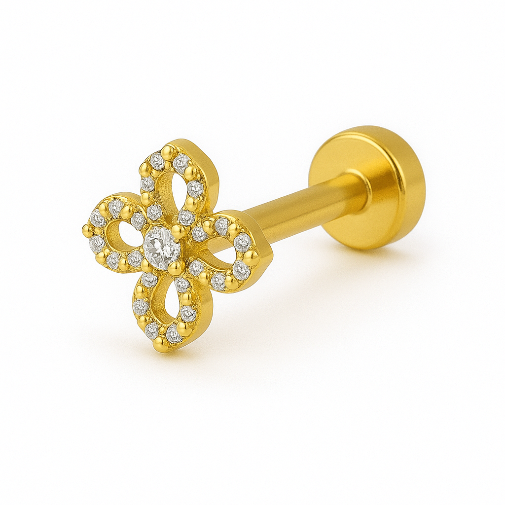 925 Sterling Silver Gold Plated CZ Floral Nose Pin