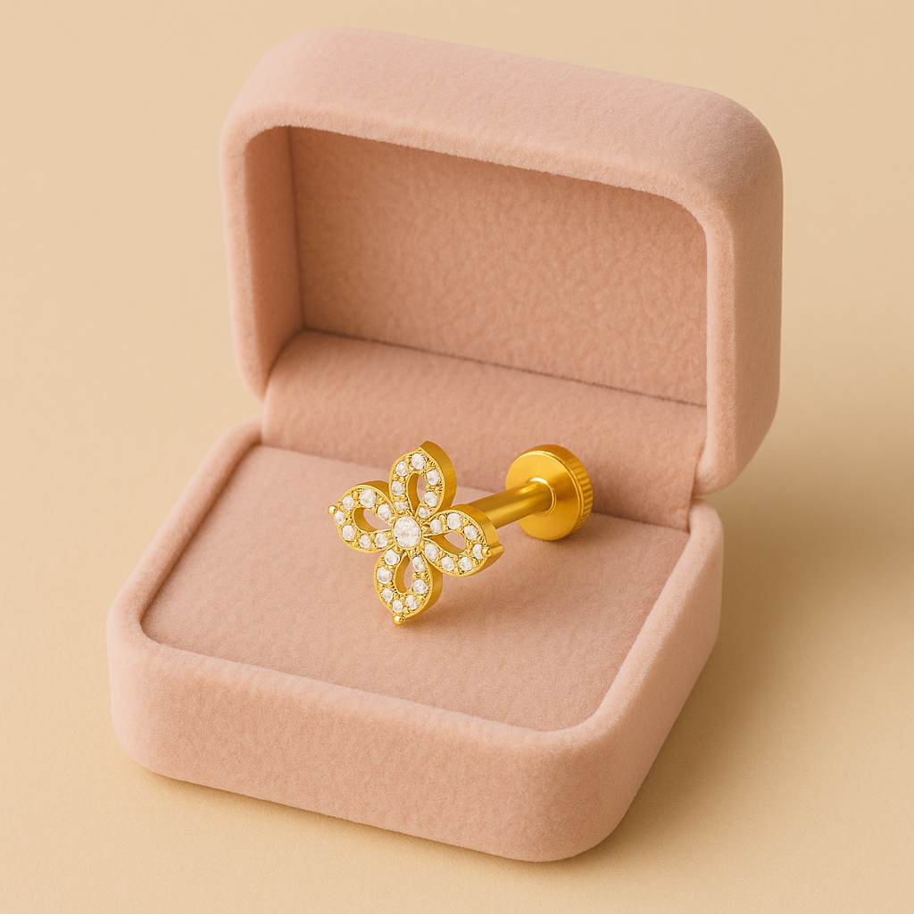 925 Sterling Silver Gold Plated CZ Floral Nose Pin