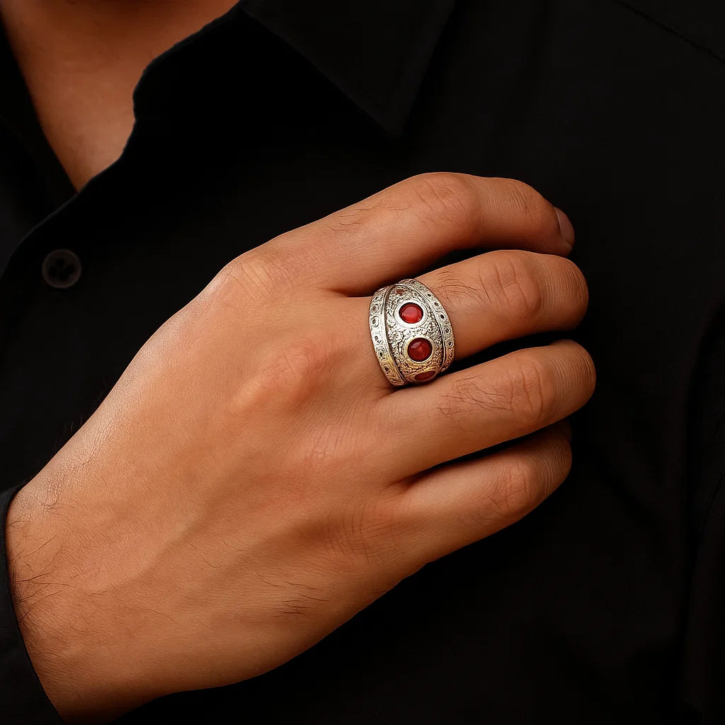 925 Silver Textured Garnet Band Ring