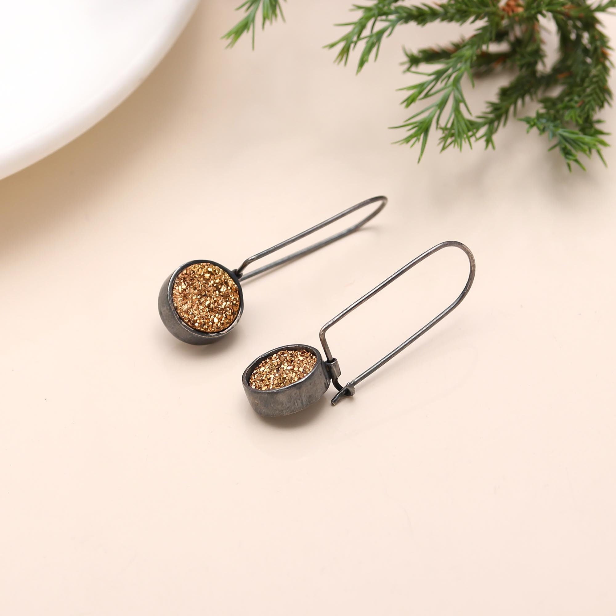 The Gilded Eclipse: Titanium Gold Druzy & Oxidized Silver Earrings