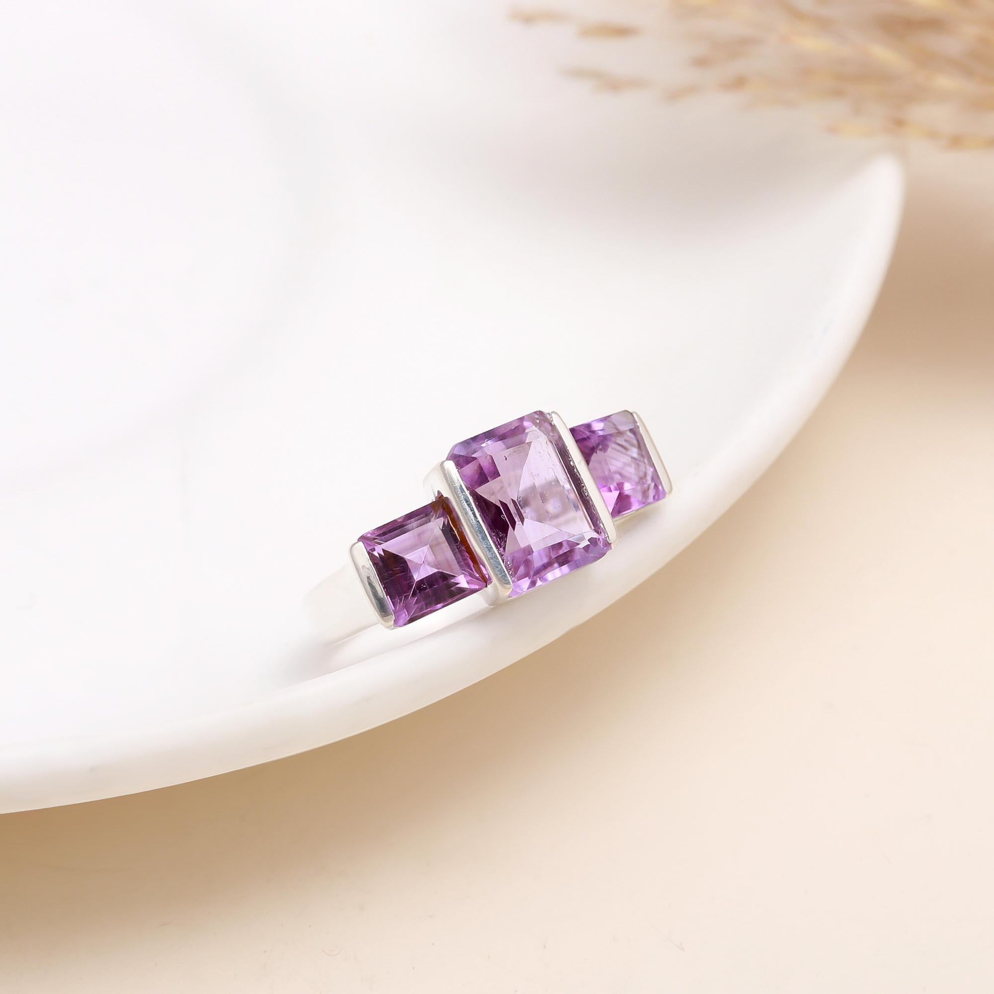 Geometric Amethyst: Modern Three Stone Ring