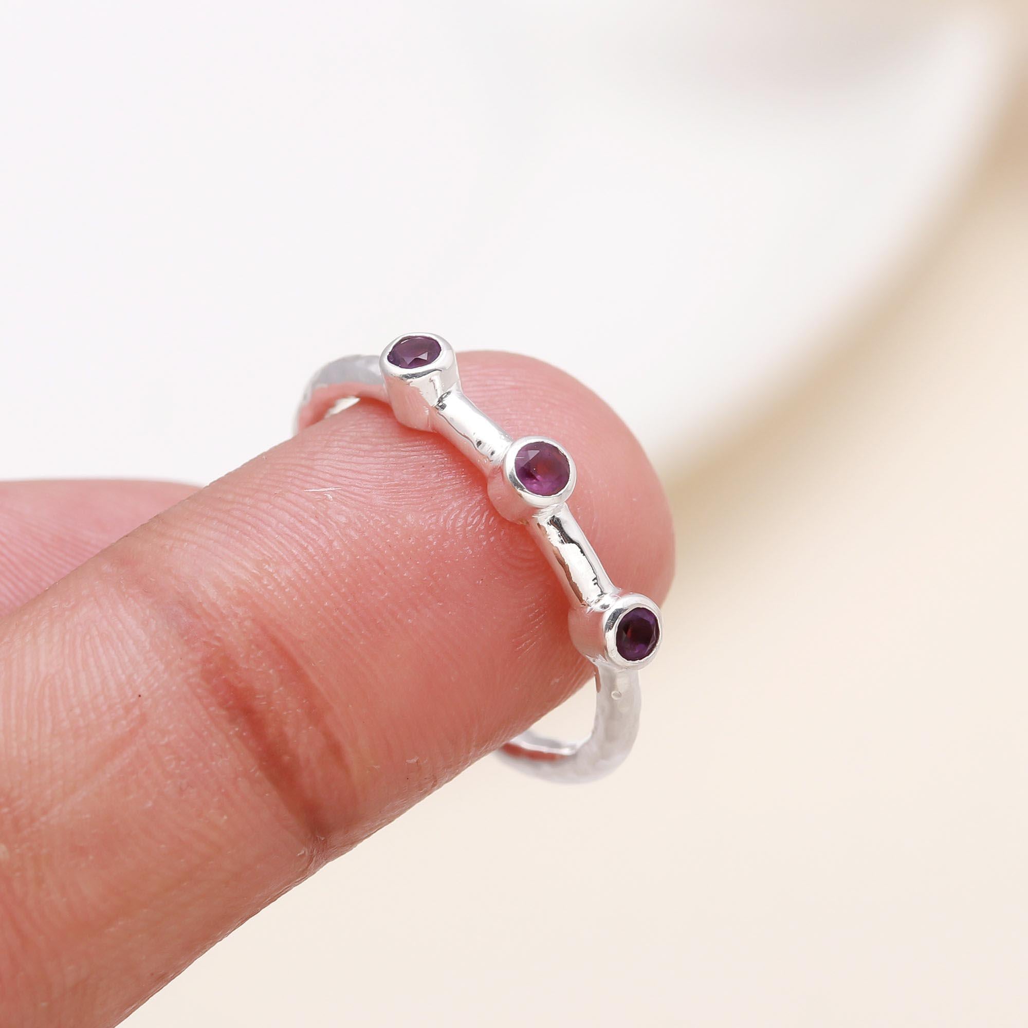 Three Stone Amethyst: Dainty Hammered Band