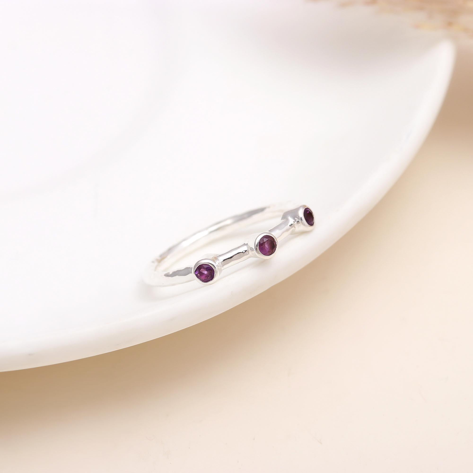Three Stone Amethyst: Dainty Hammered Band