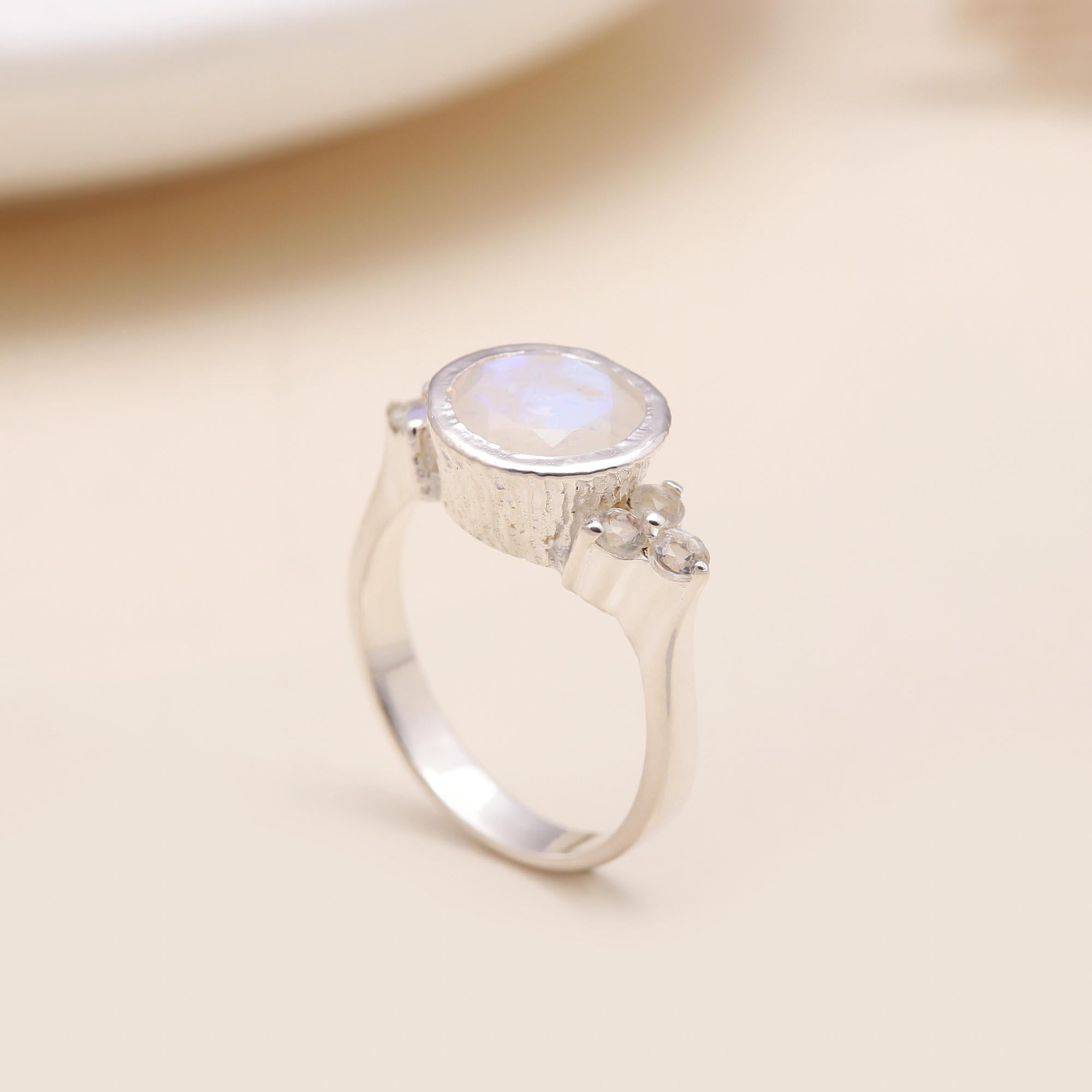 Rainbow Moonstone & Topaz: Textured Three Stone Ring