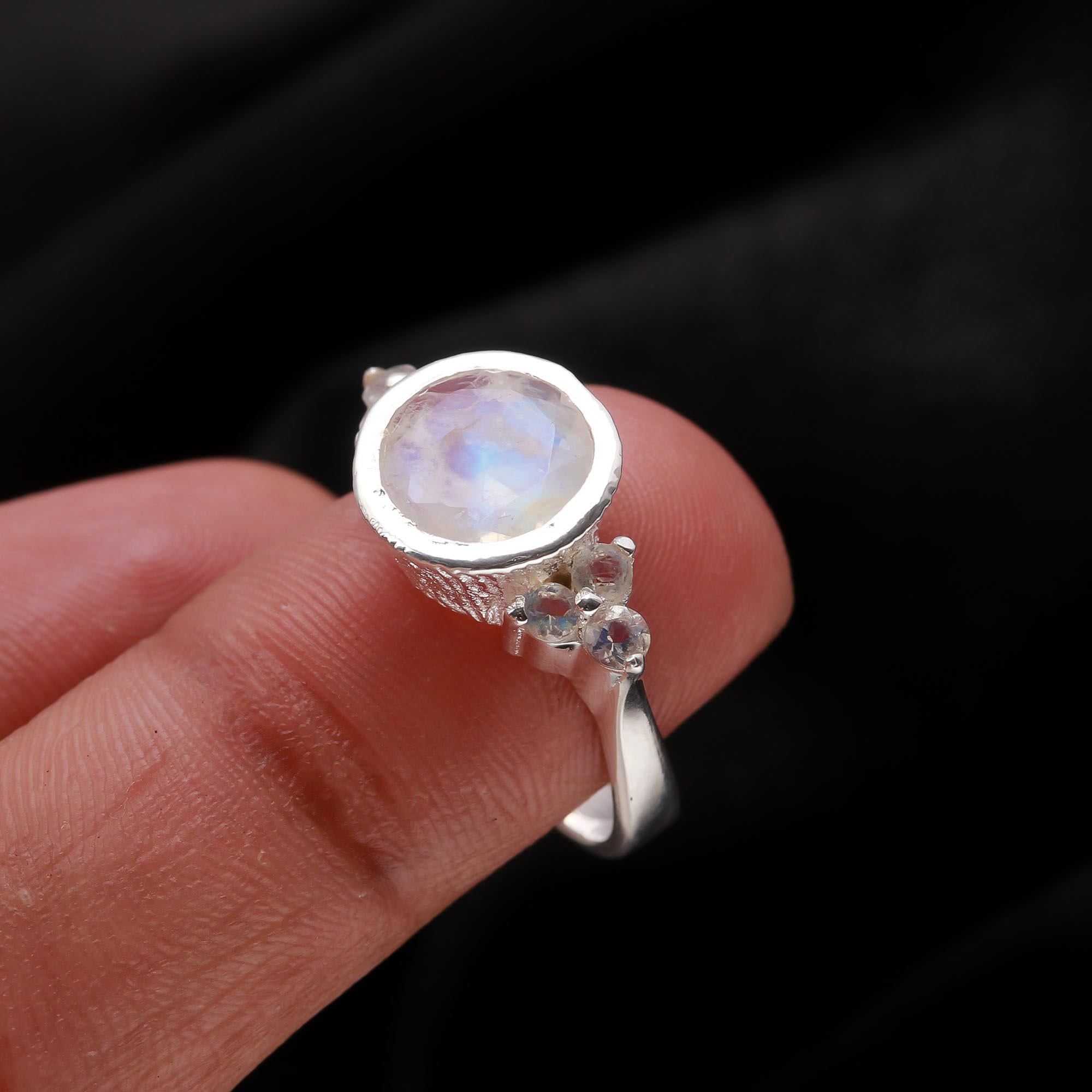 Rainbow Moonstone & Topaz: Textured Three Stone Ring