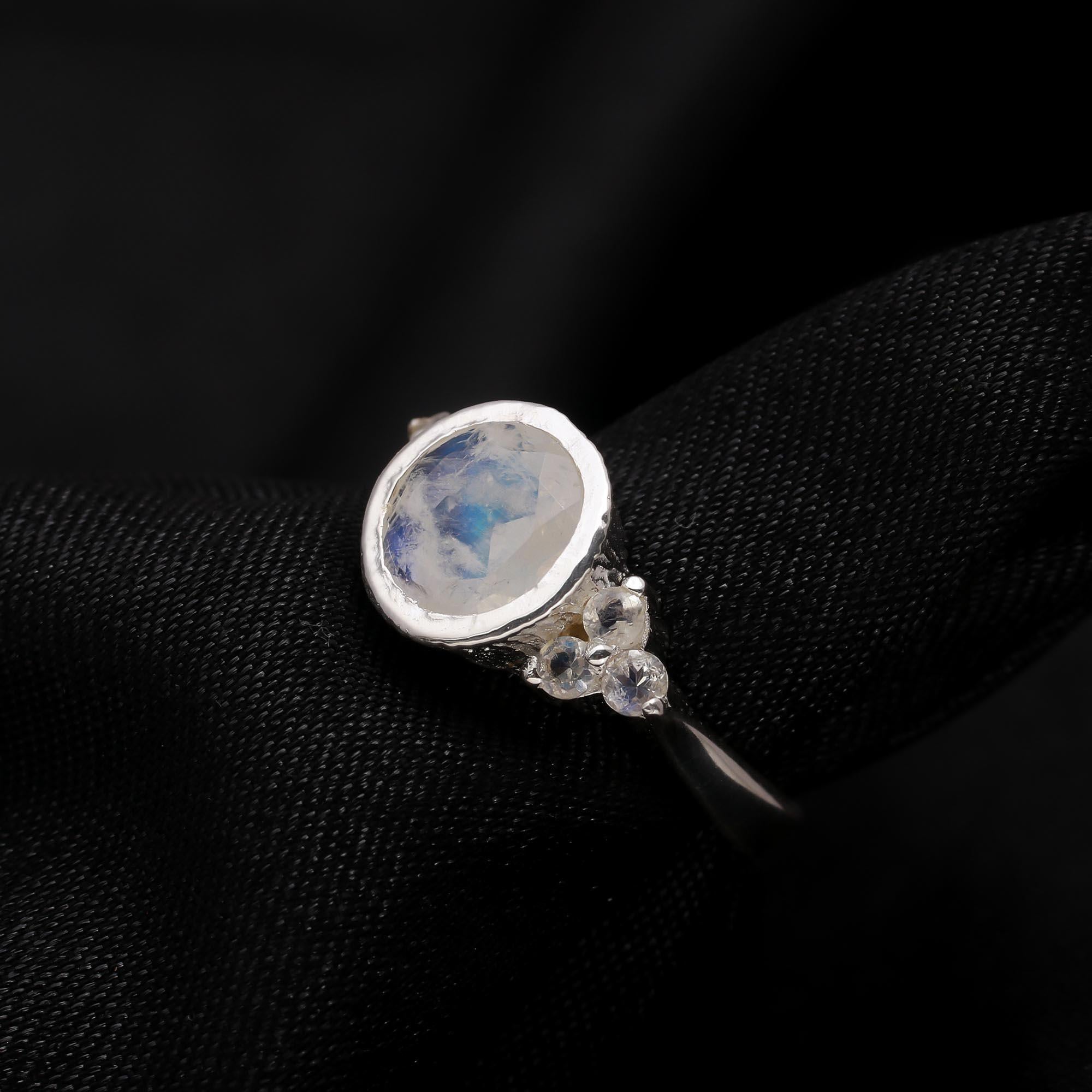 Rainbow Moonstone & Topaz: Textured Three Stone Ring