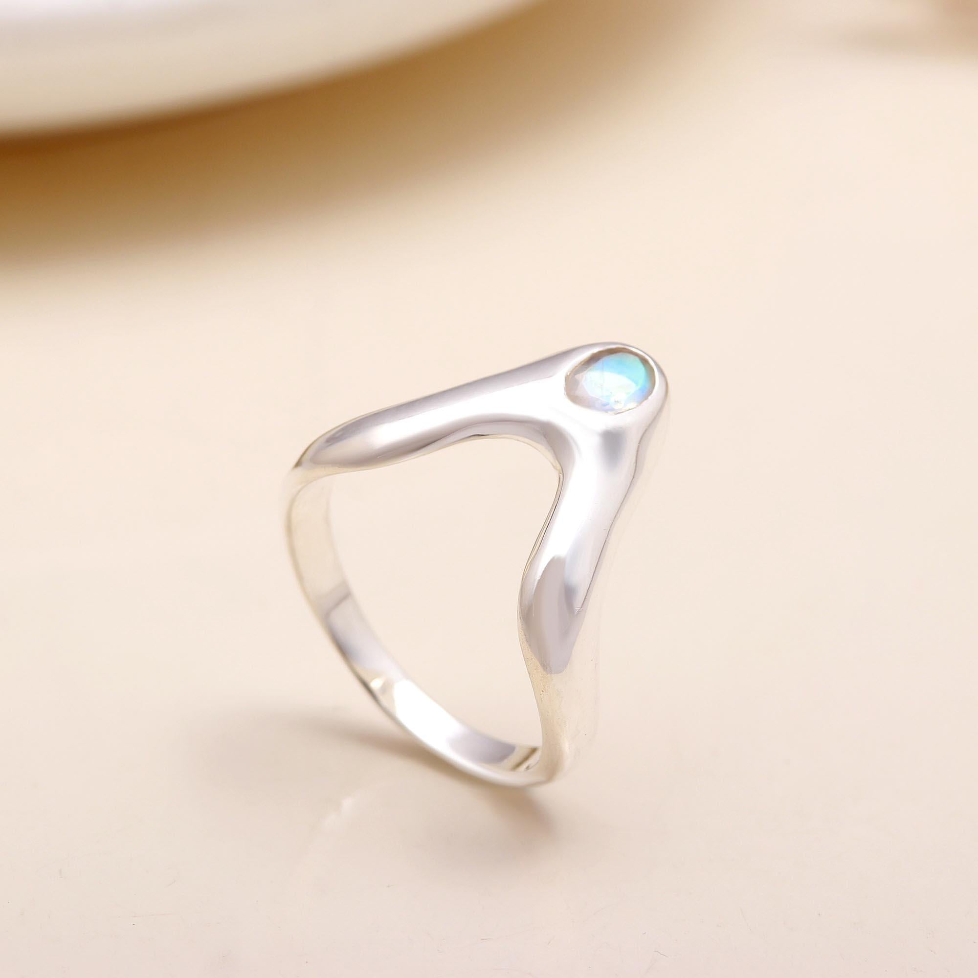 Round Moonstone: Modern Chevron Peak Ring