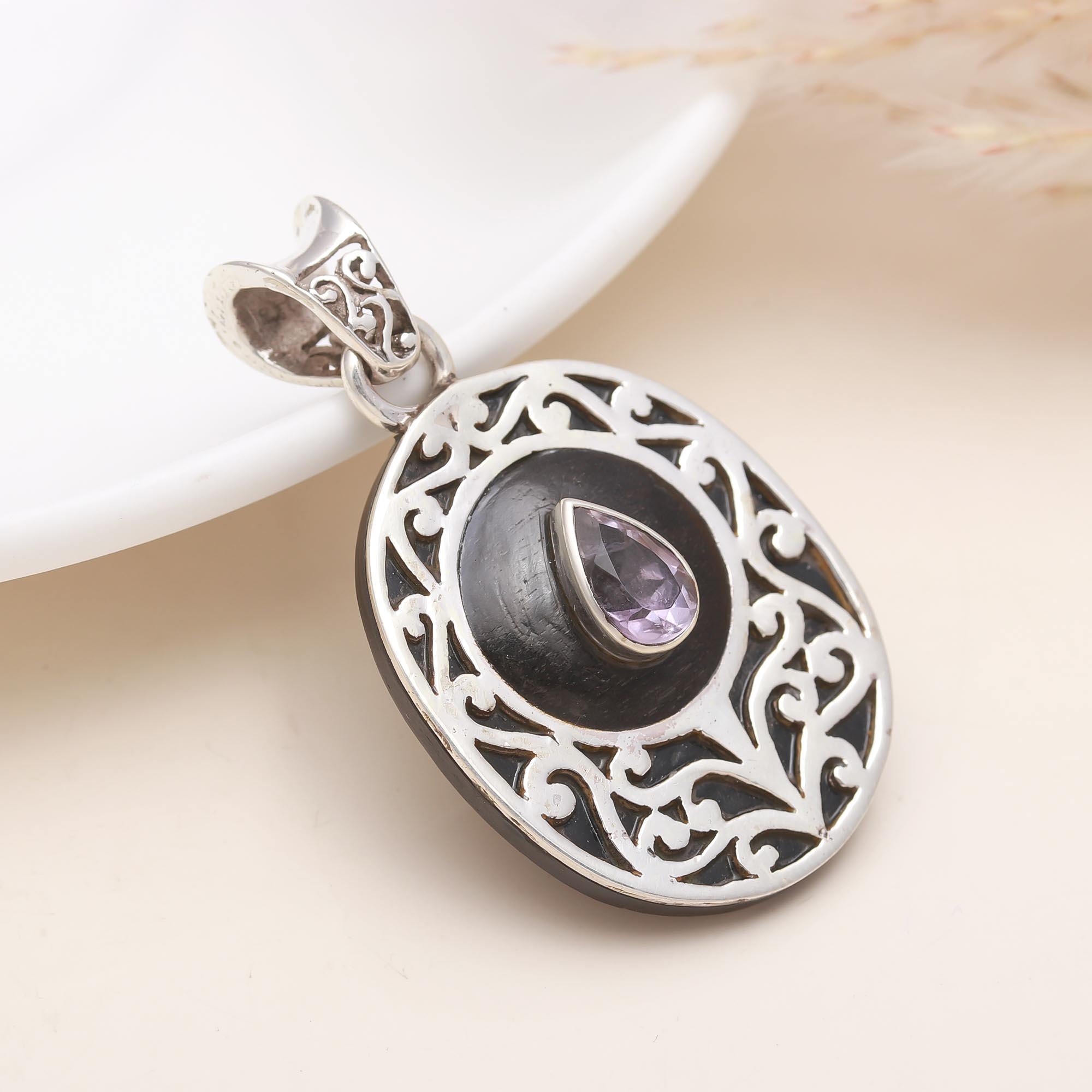 The Violet Ebony: Amethyst & Ebony Wood Silver Pendant