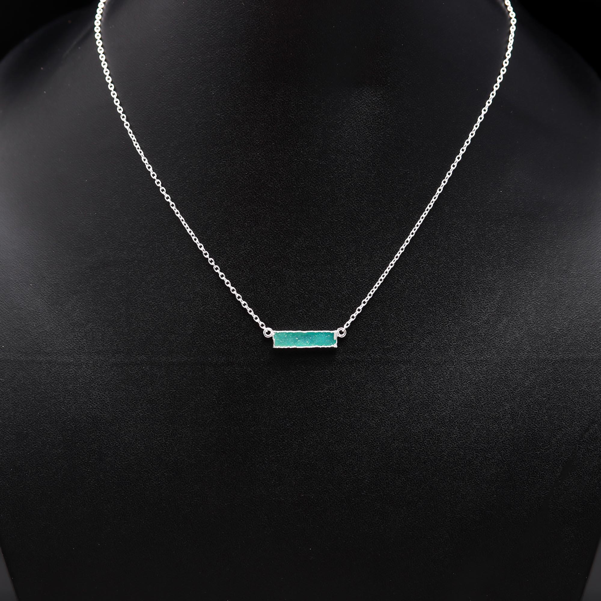 The Verdant Stardust: Green Druzy Bar Silver Necklace