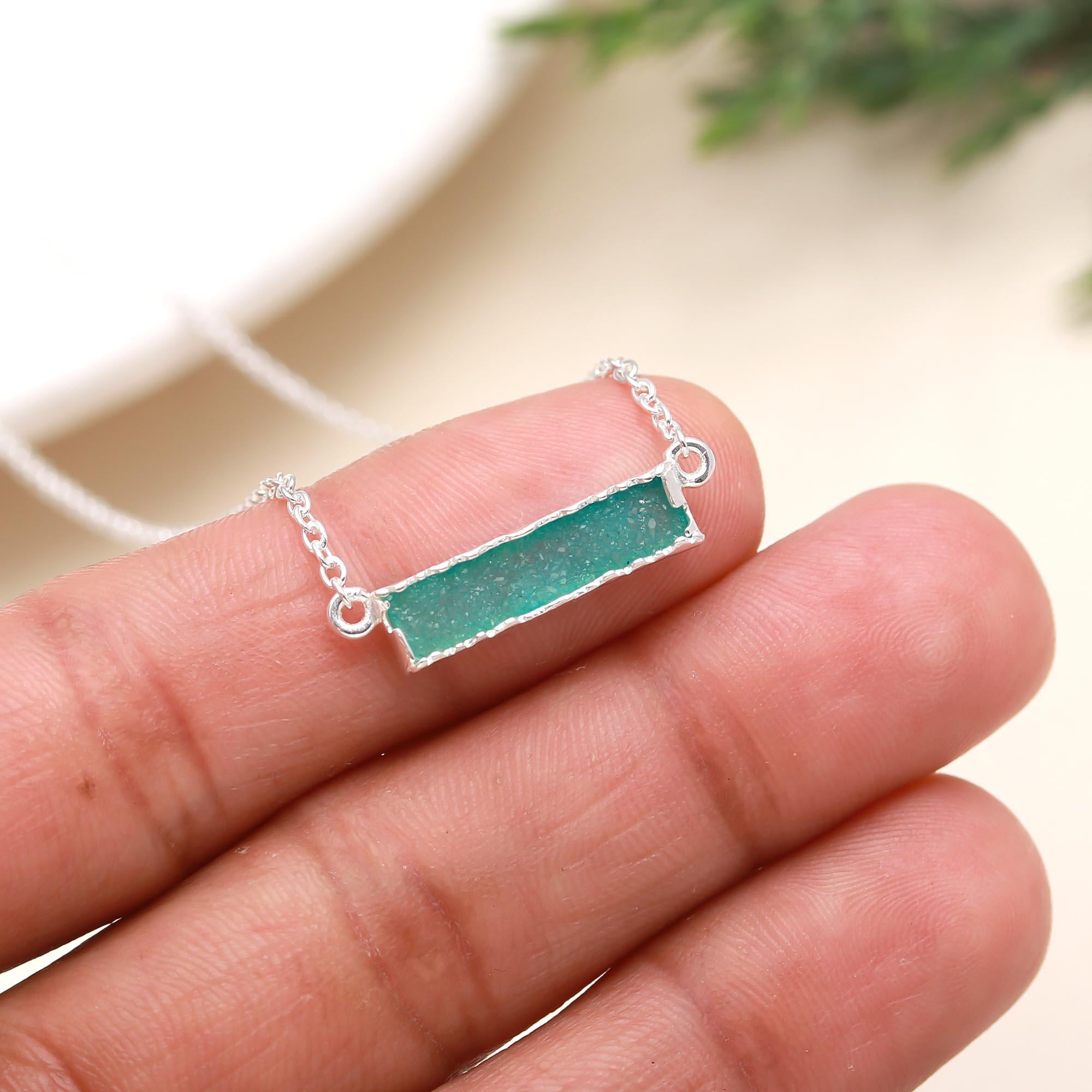 The Verdant Stardust: Green Druzy Bar Silver Necklace