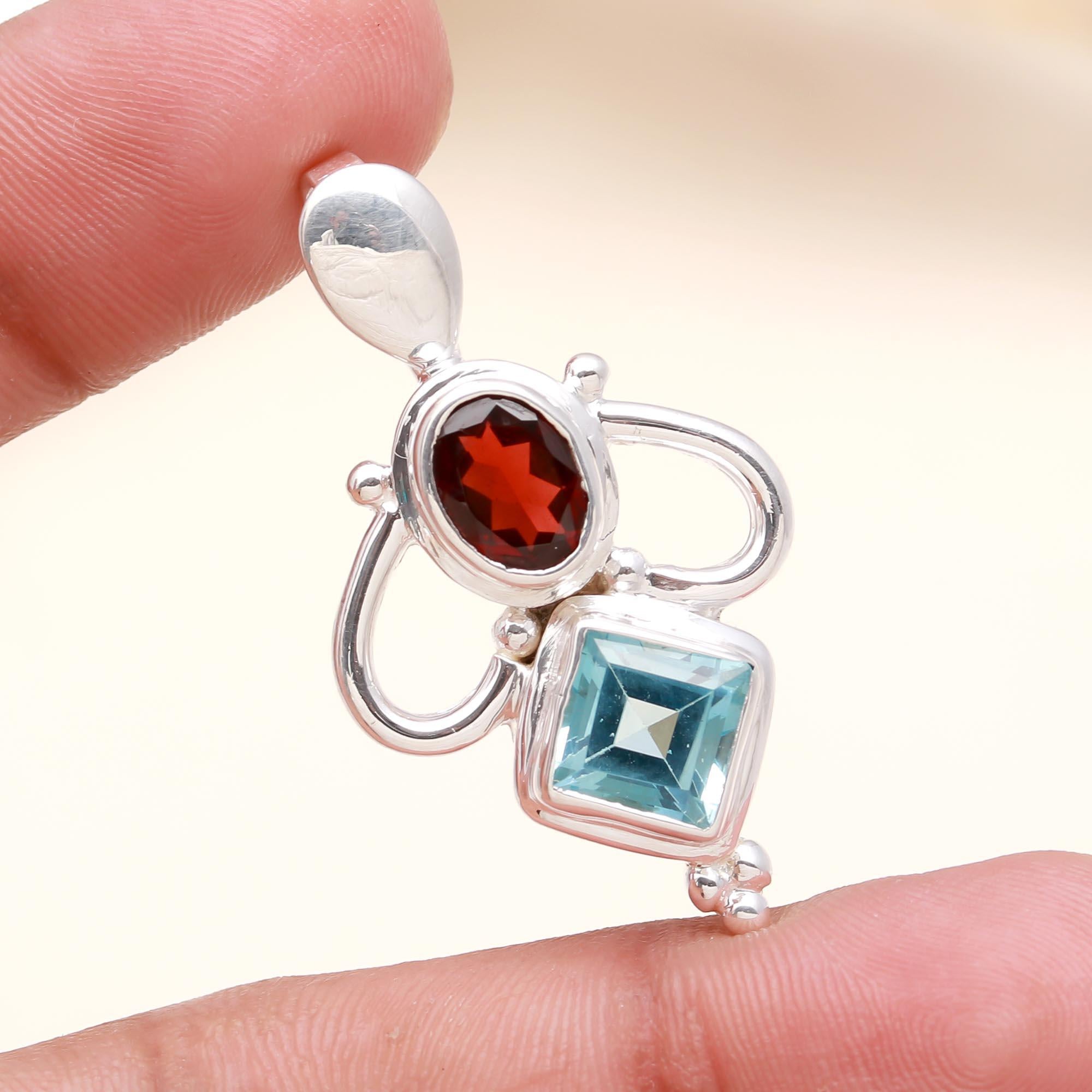 The Fire & Ice: Garnet & Blue Topaz Geometric Pendant