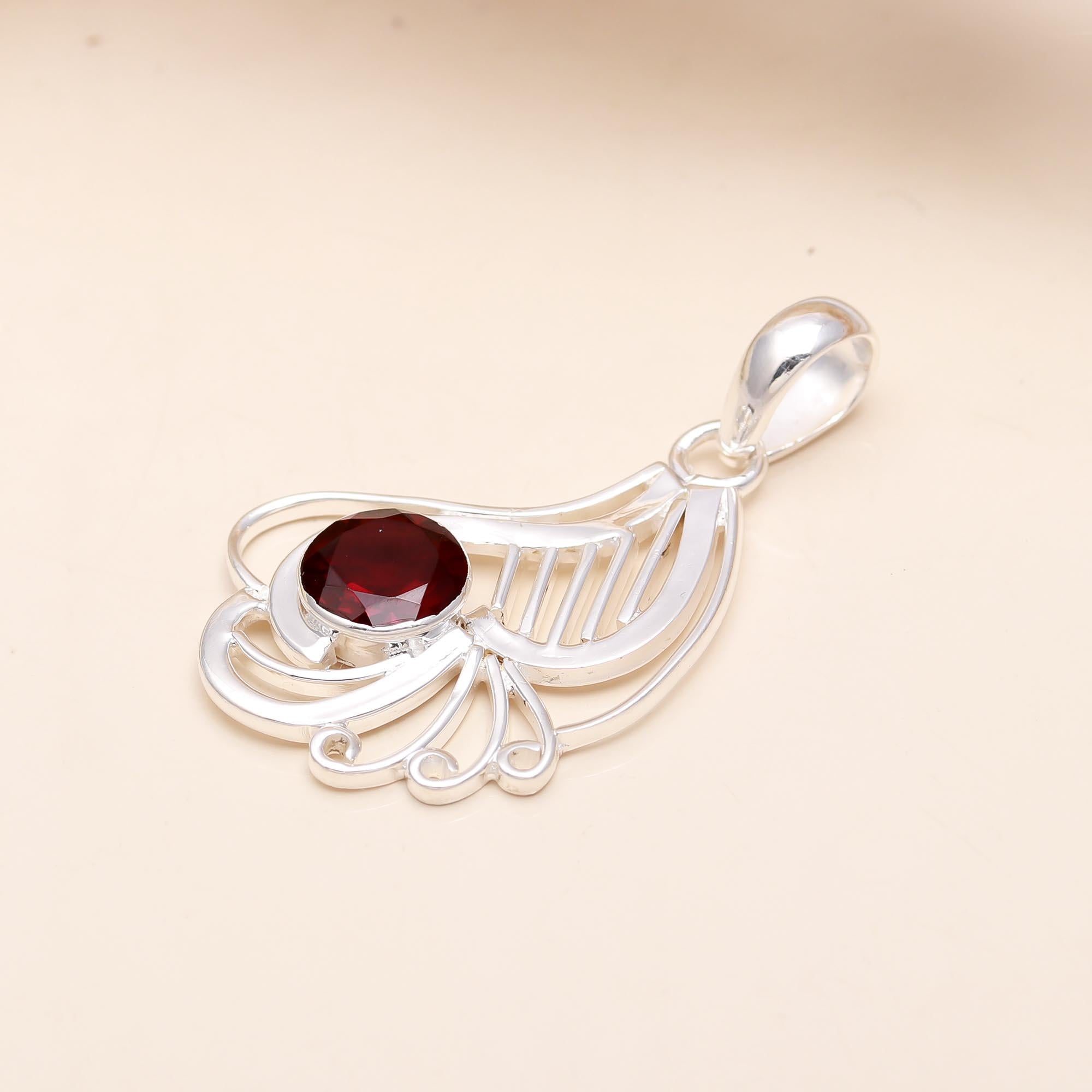 Natural Red Garnet Pendant in 925 Sterling Silver – Artistic Filigree Wing Necklace Charm