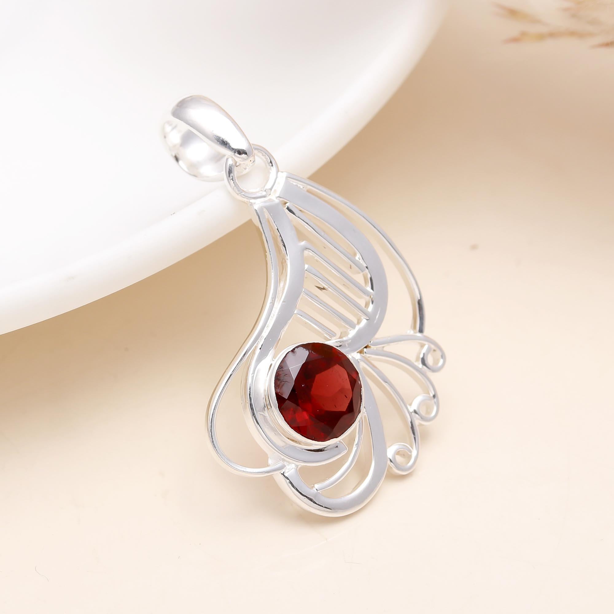 Natural Red Garnet Pendant in 925 Sterling Silver – Artistic Filigree Wing Necklace Charm