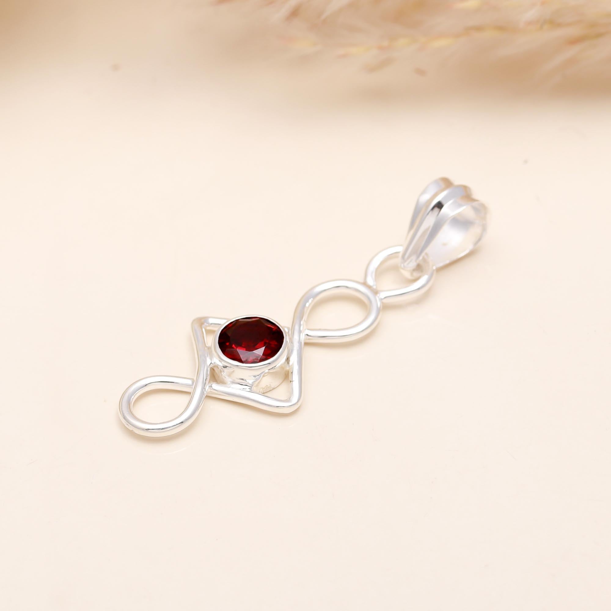 Natural Red Garnet Geometric Pendant in 925 Sterling Silver – Modern Infinity Drop Necklace Charm