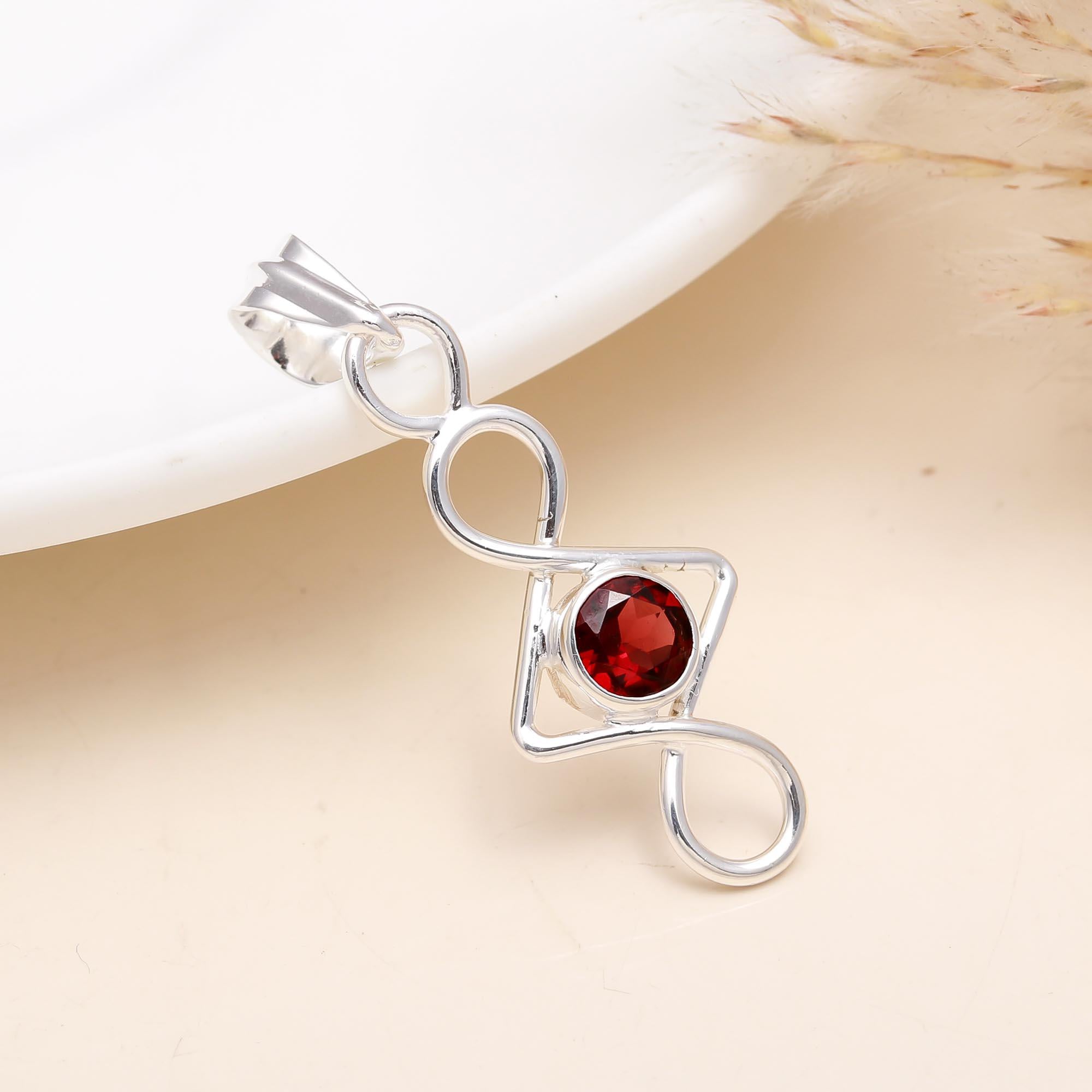 Natural Red Garnet Geometric Pendant in 925 Sterling Silver – Modern Infinity Drop Necklace Charm