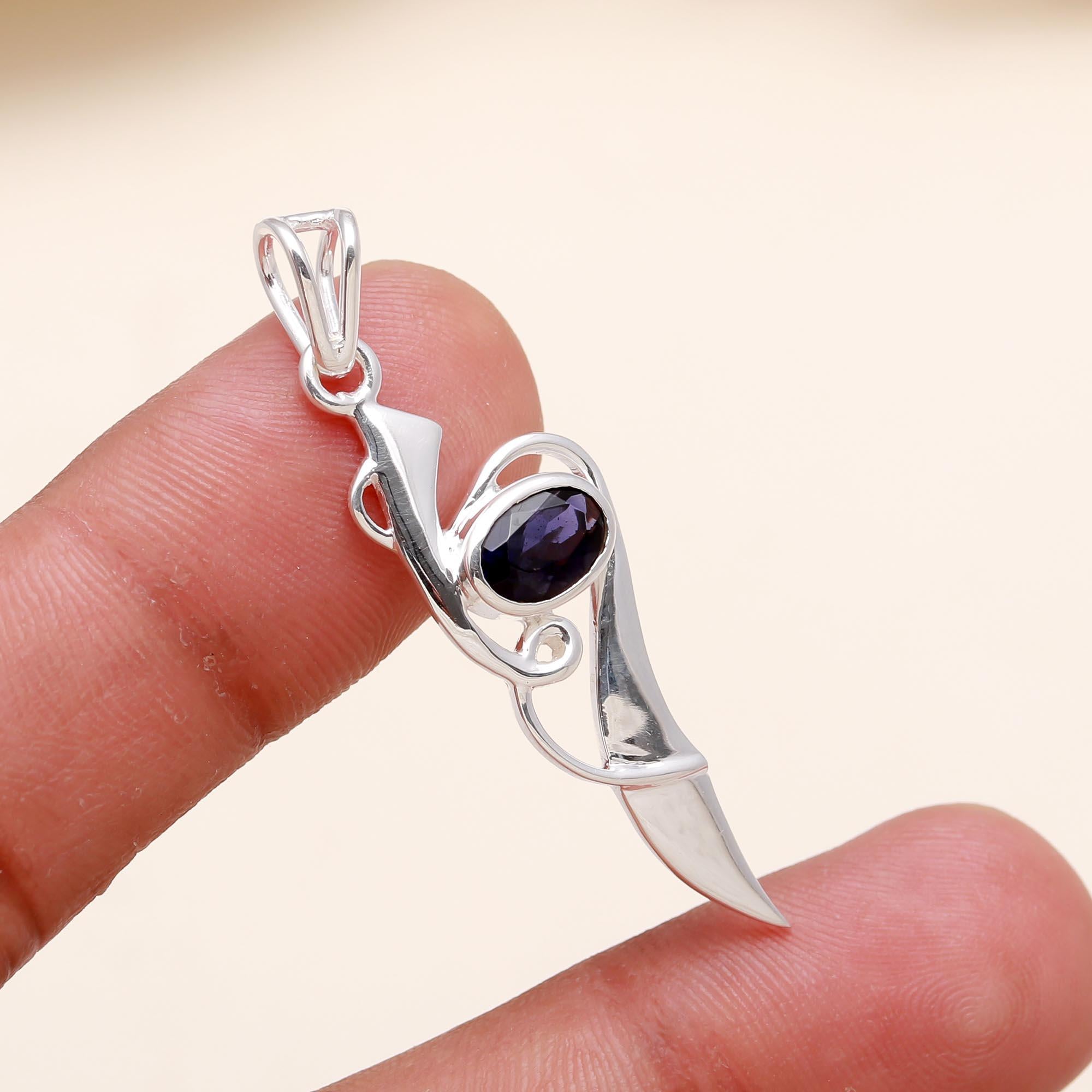 Natural Blue Iolite Pendant in 925 Sterling Silver – Modern Elongated Drop Necklace