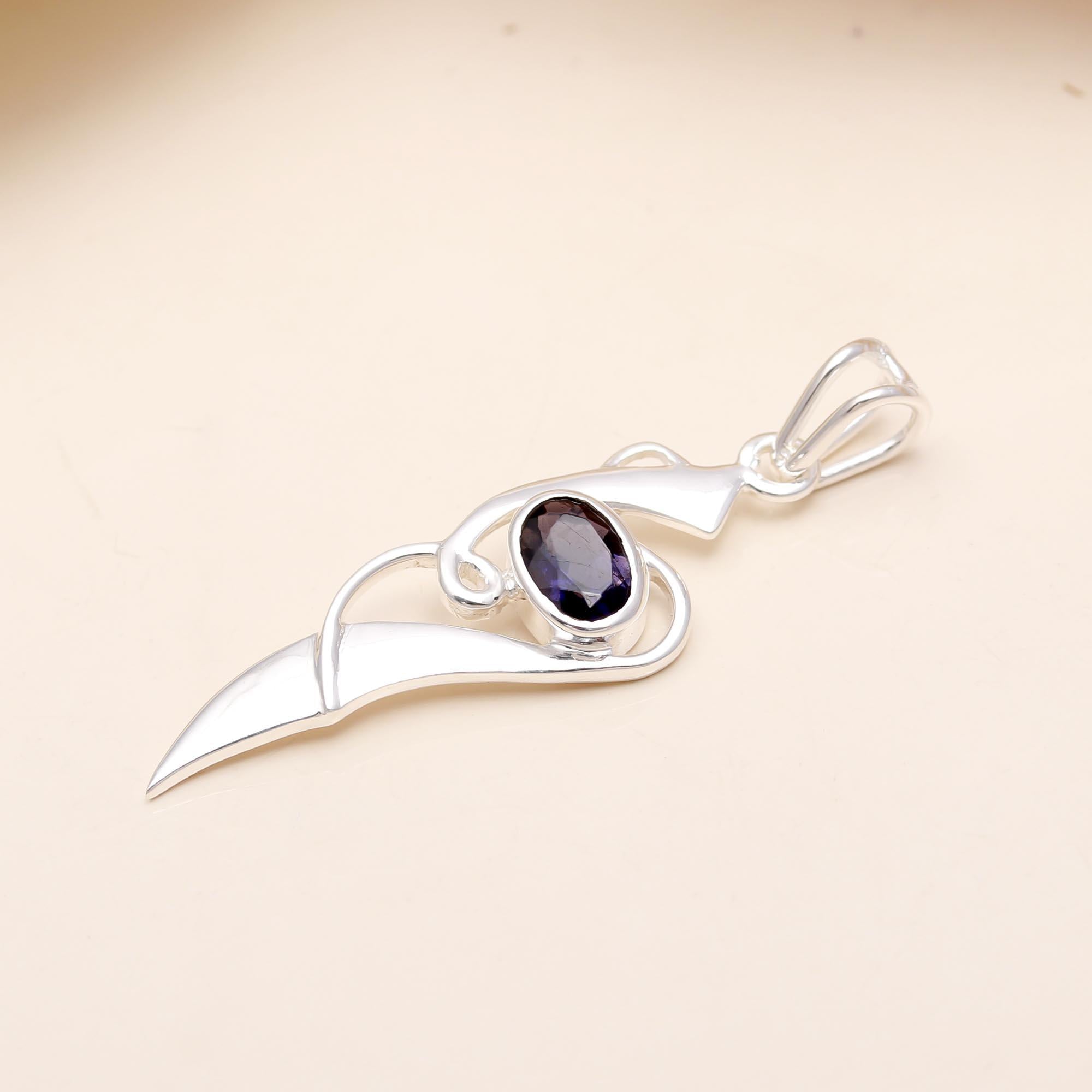 Natural Blue Iolite Pendant in 925 Sterling Silver – Modern Elongated Drop Necklace