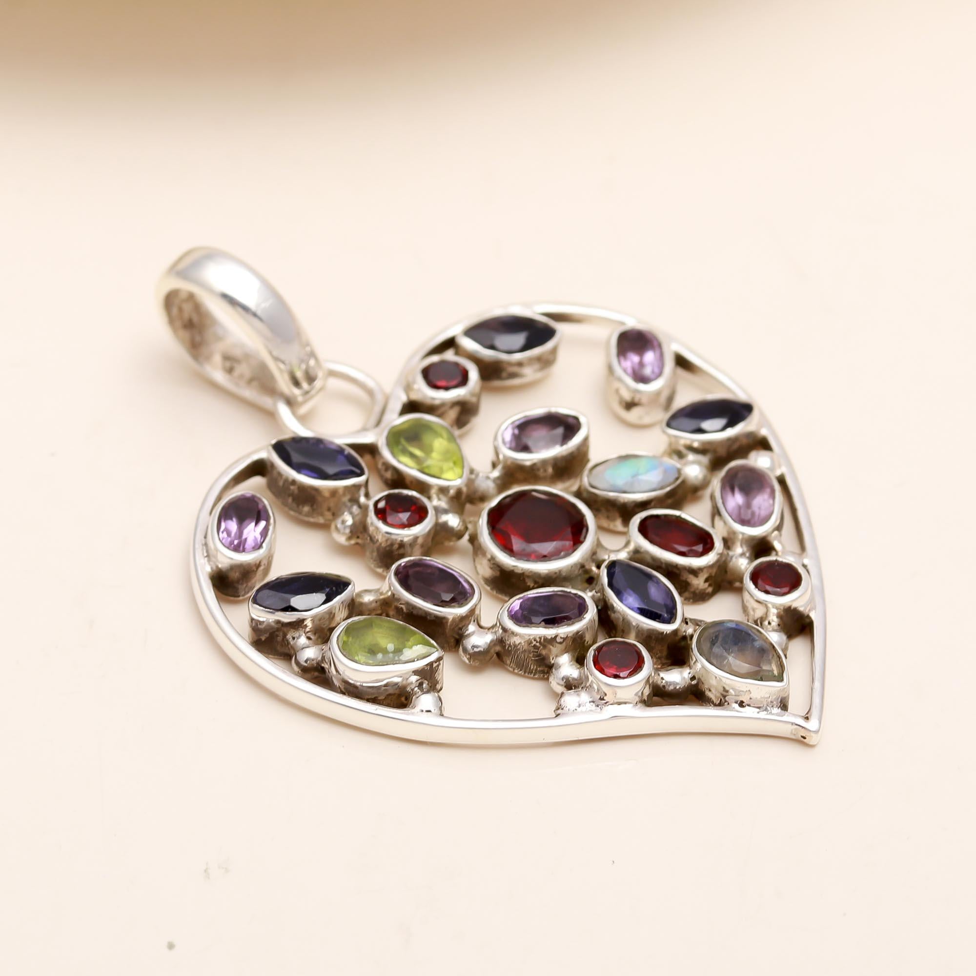 Natural Multi-Gemstone Heart Pendant in 925 Sterling Silver – Colorful Love Necklace Charm