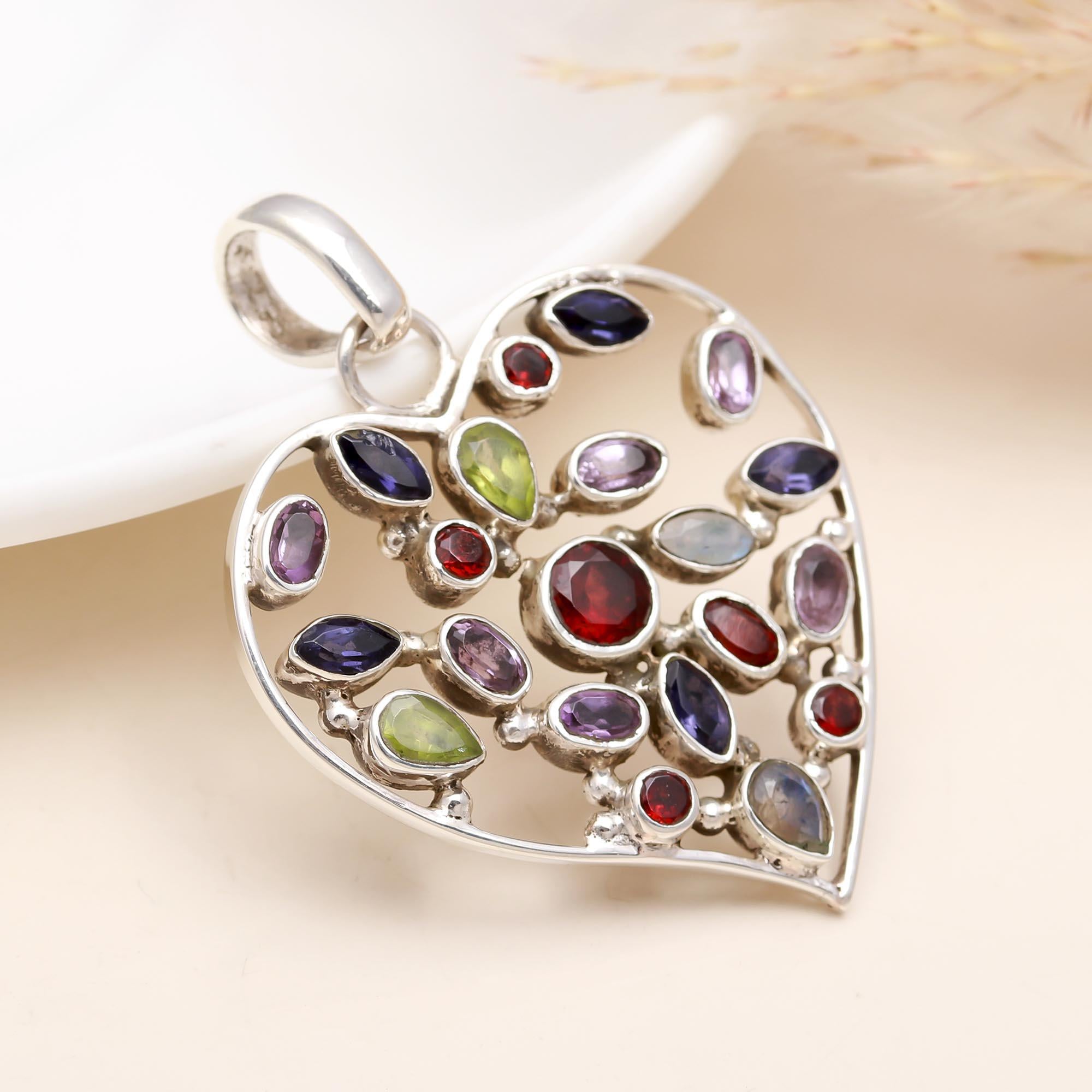 Natural Multi-Gemstone Heart Pendant in 925 Sterling Silver – Colorful Love Necklace Charm