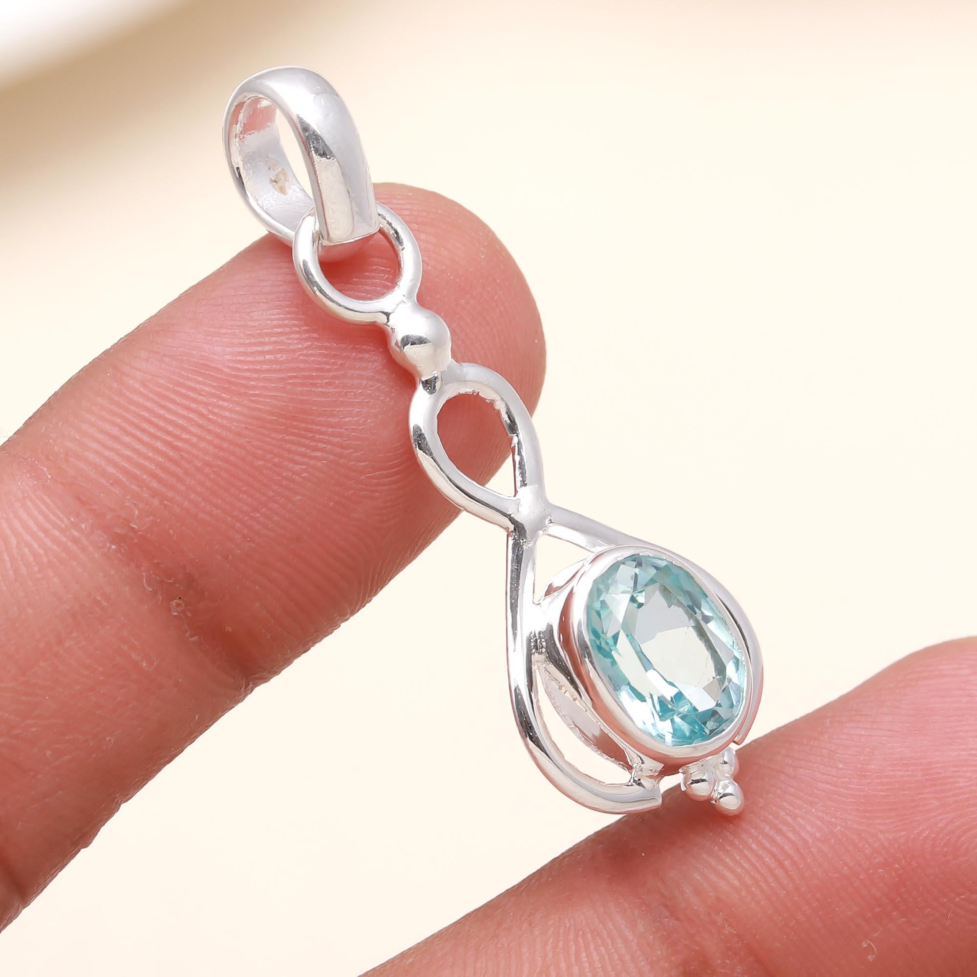 Natural Blue Topaz Pendant in 925 Sterling Silver – Elegant Infinity Drop Necklace