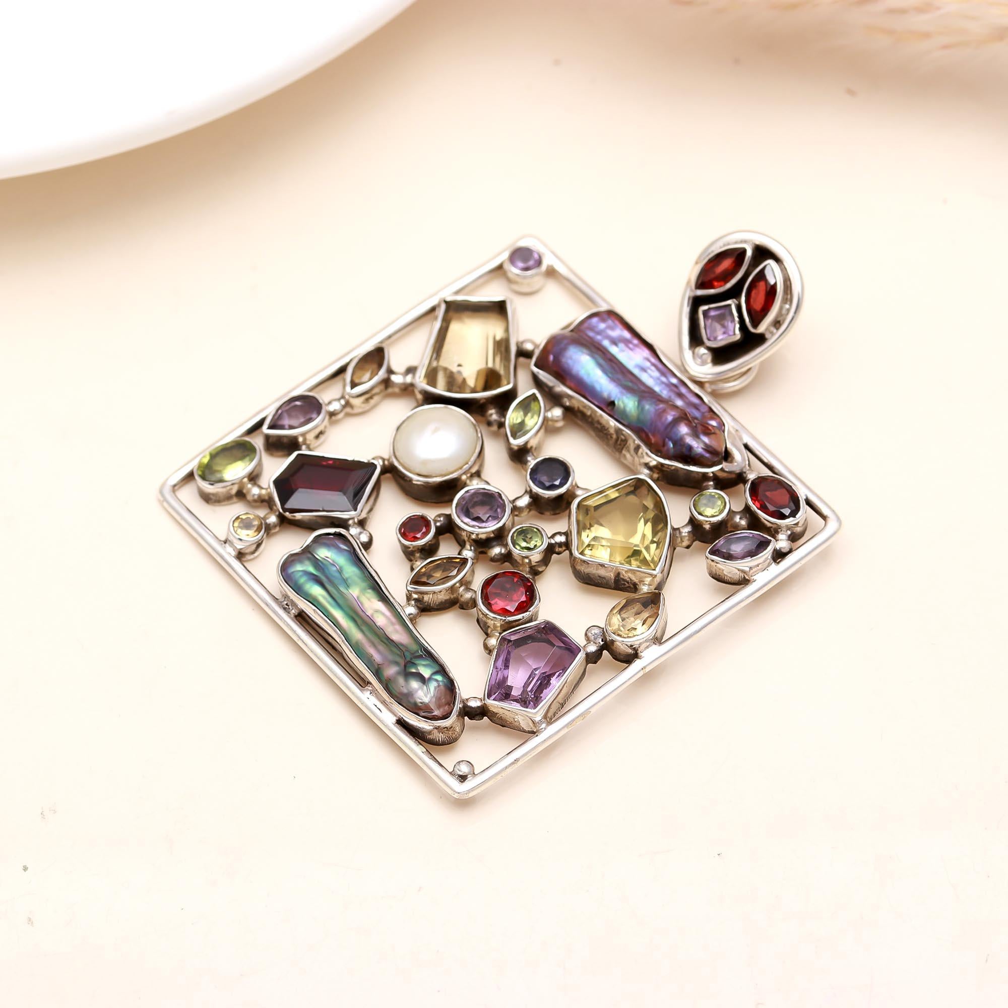 The Kaleidoscope Square: Multi-Gemstone & Biwa Pearl Pendant