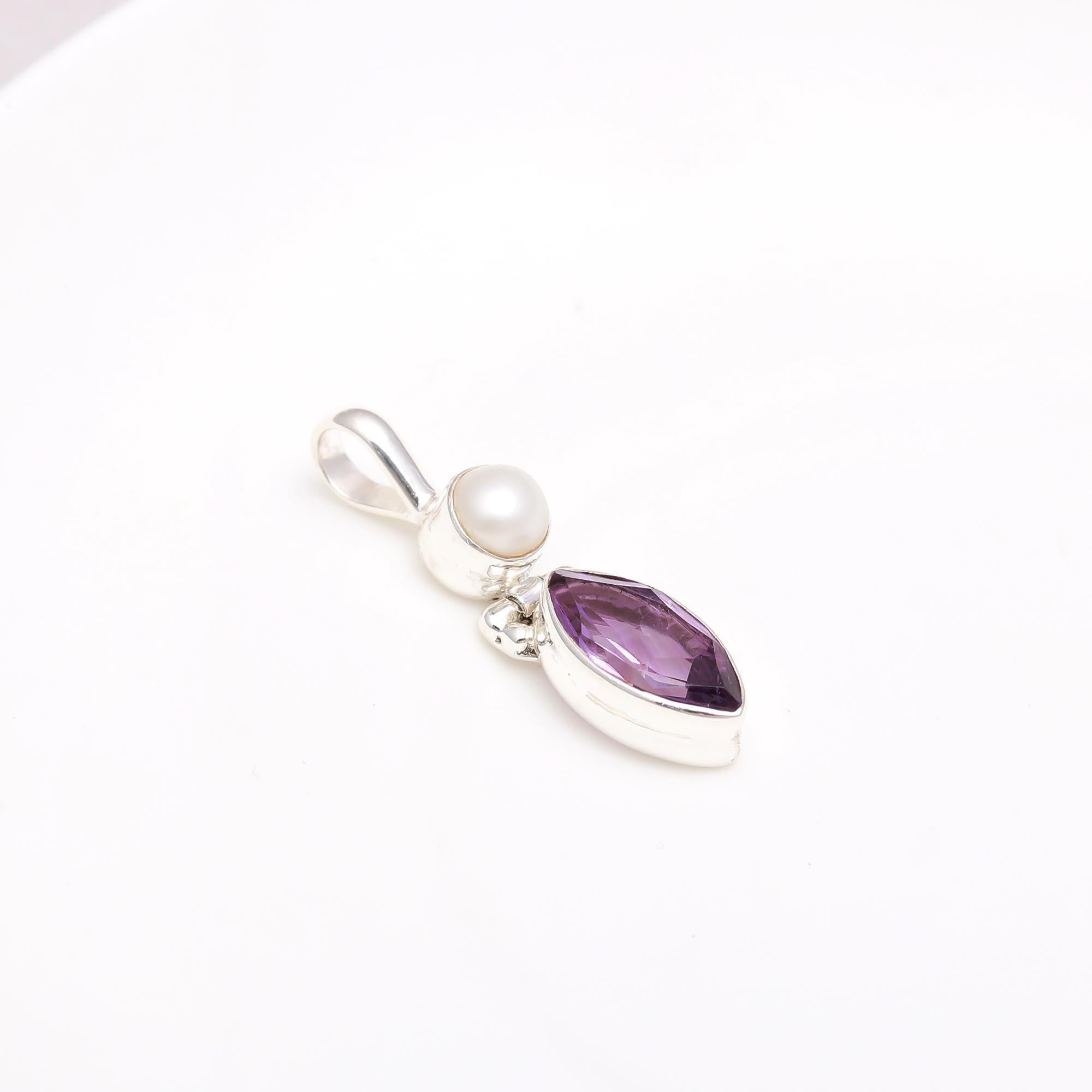 Natural Pearl & Amethyst Pendant in 925 Sterling Silver – Elegant Two-Stone Drop Necklace