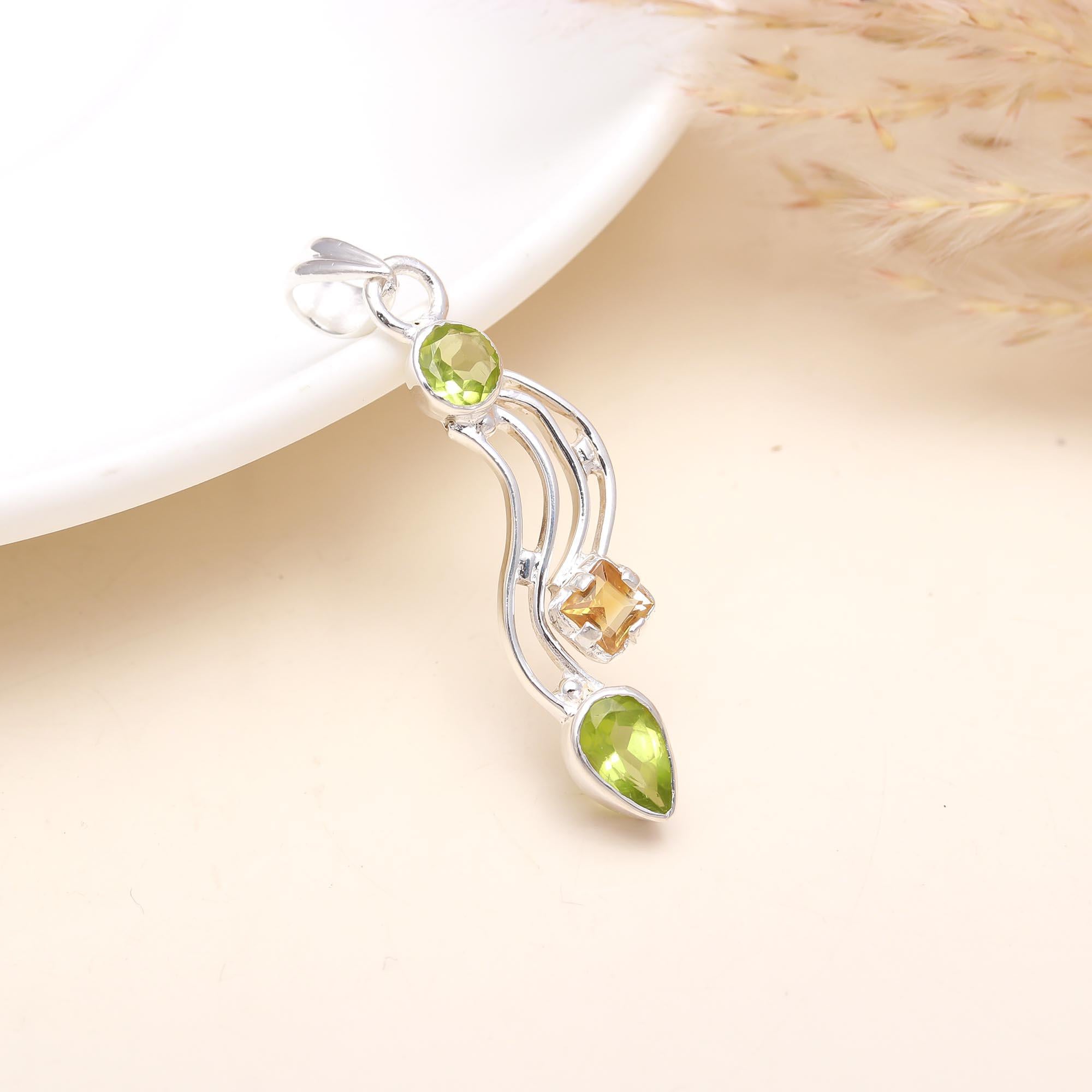 The Verdant Trio: Peridot & Citrine Silver Pendant