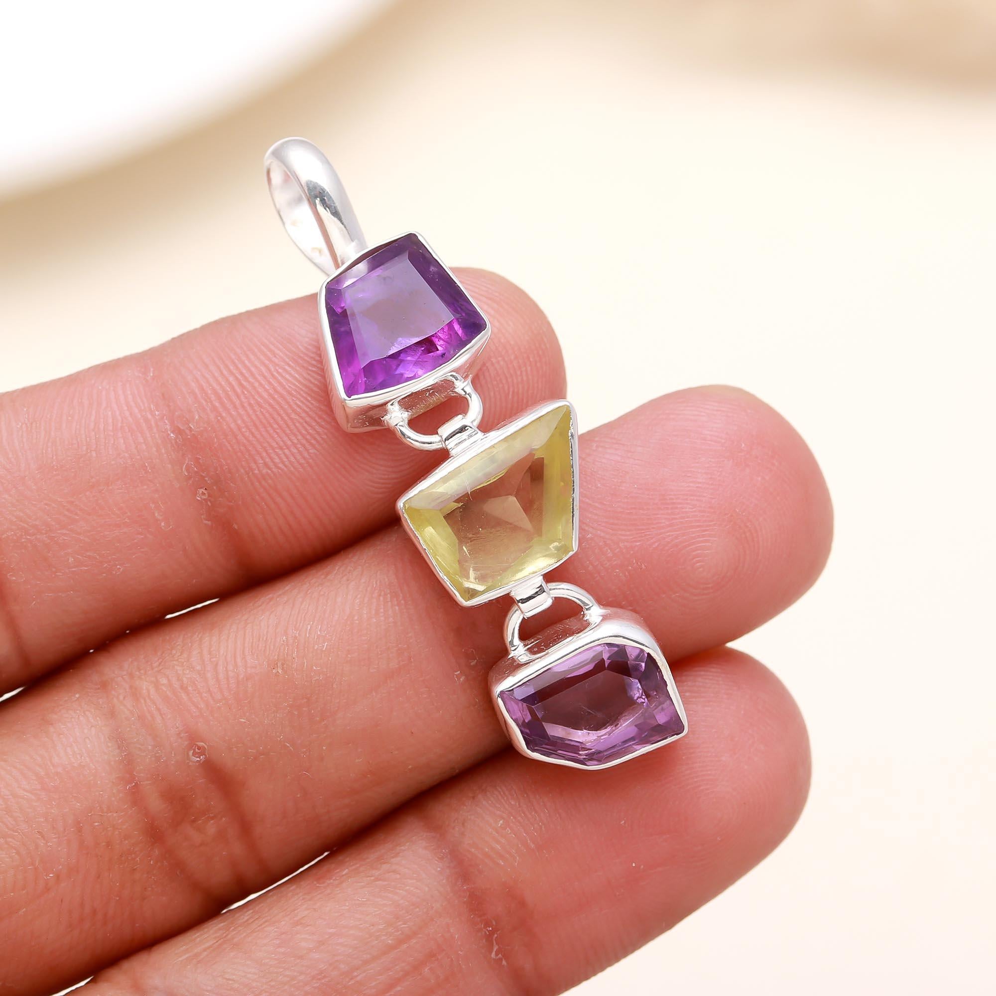 The Geometric Cascade: Amethyst & Lemon Quartz Silver Pendant