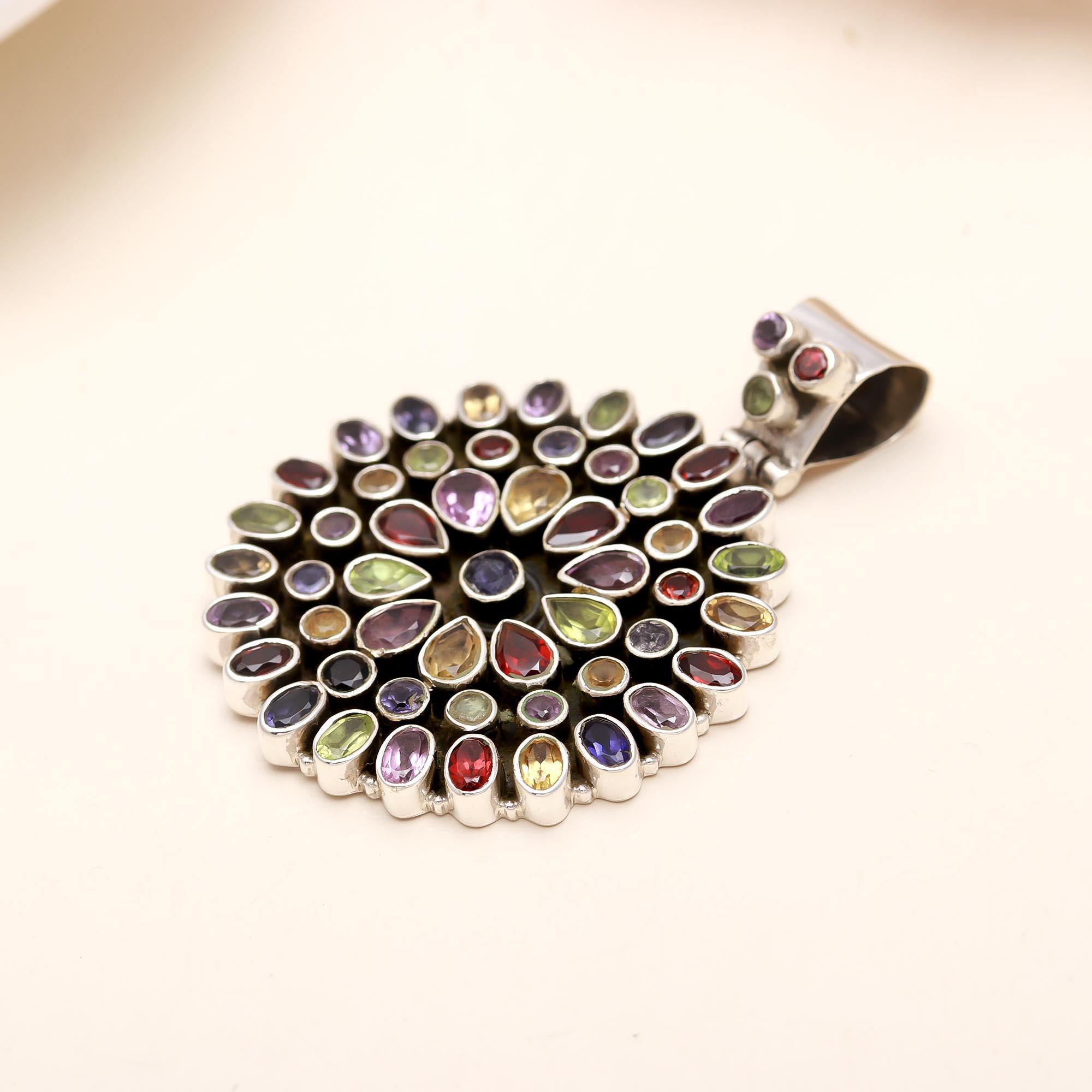 The Kaleidoscope Sunburst: Multi-Gemstone Sterling Silver Pendant
