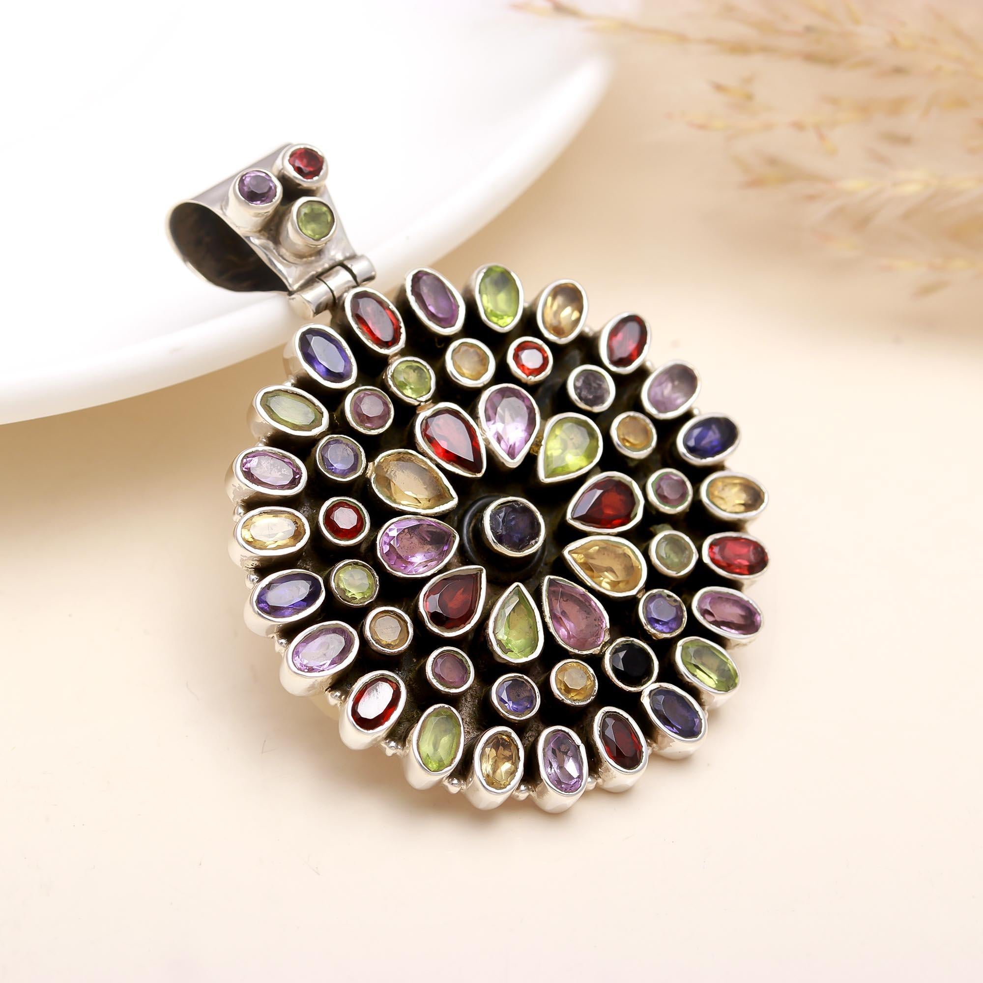 The Kaleidoscope Sunburst: Multi-Gemstone Sterling Silver Pendant
