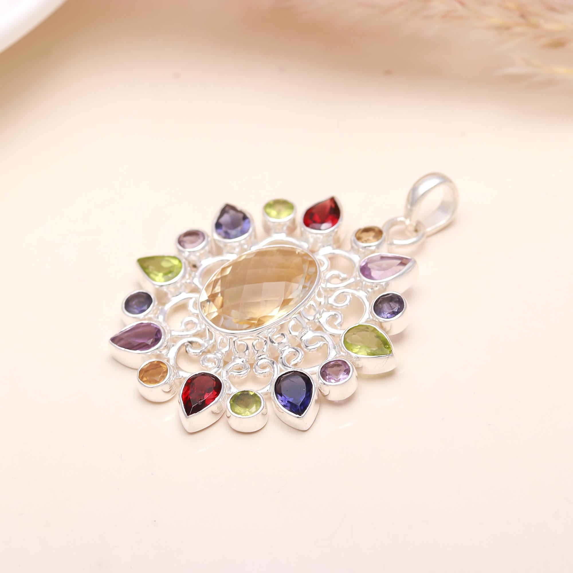 Lemon Topaz & Multicolour Gemstone Pendant Sterling Silver