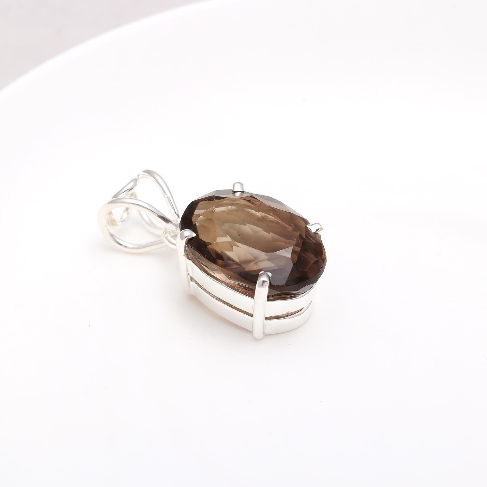 Smoky Quartz Silver Oval Pendant