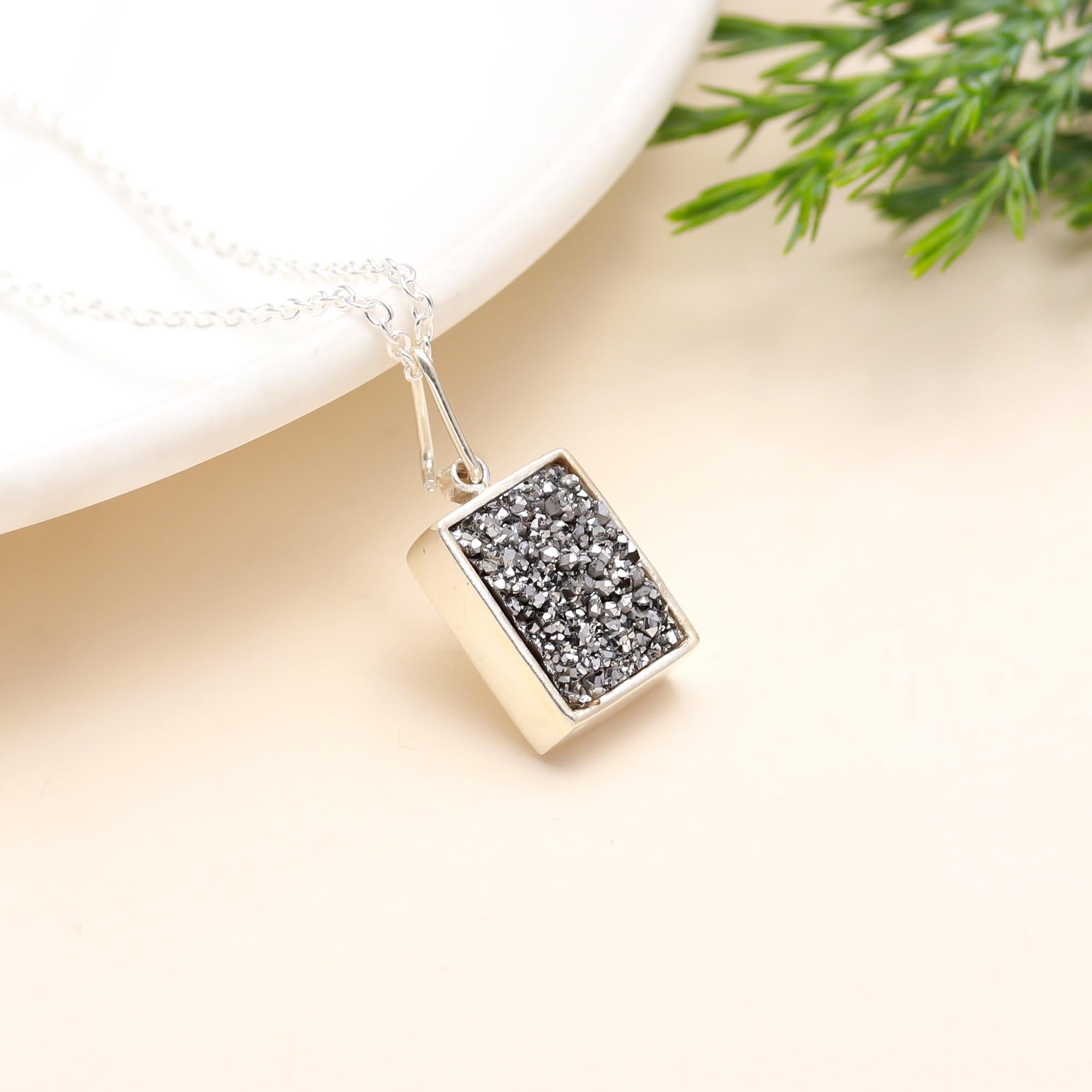 925 Silver Black Druzy Pendant Necklace