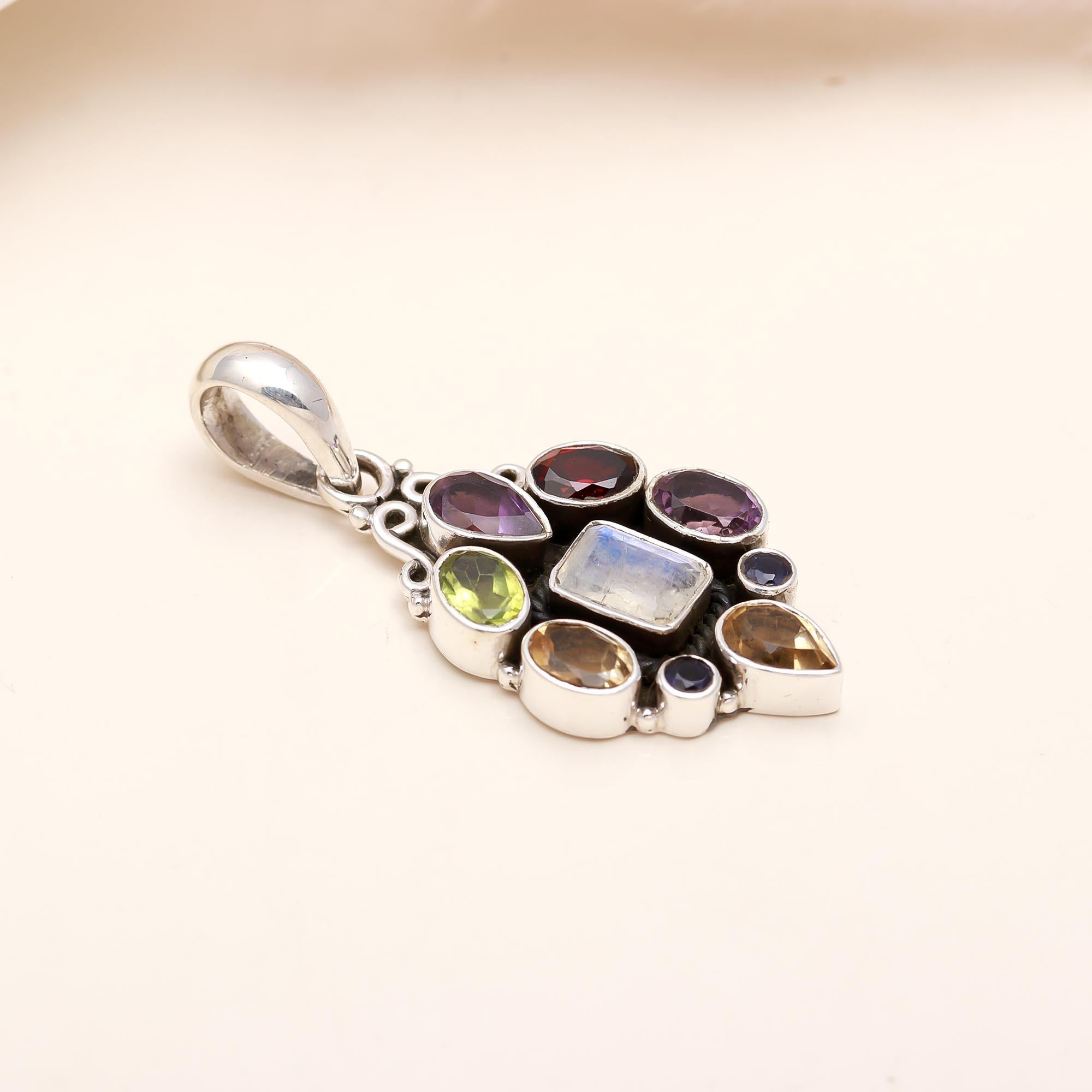 The Harmony Mosaic: Multi-Gemstone Rainbow Moonstone Pendant