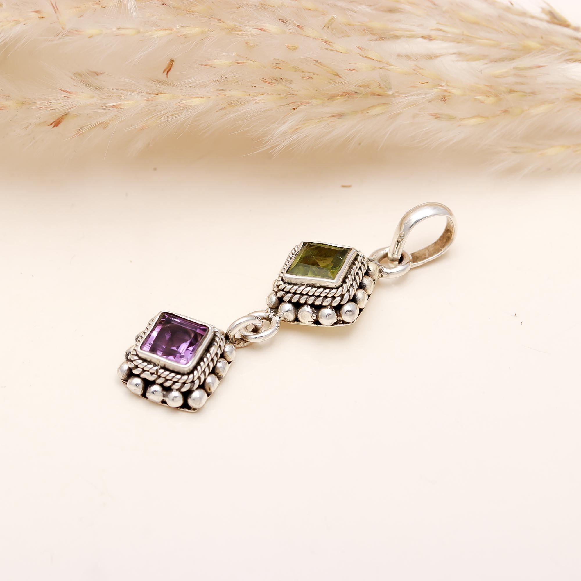 The Duo Harmony: Peridot & Amethyst Geometric Pendant