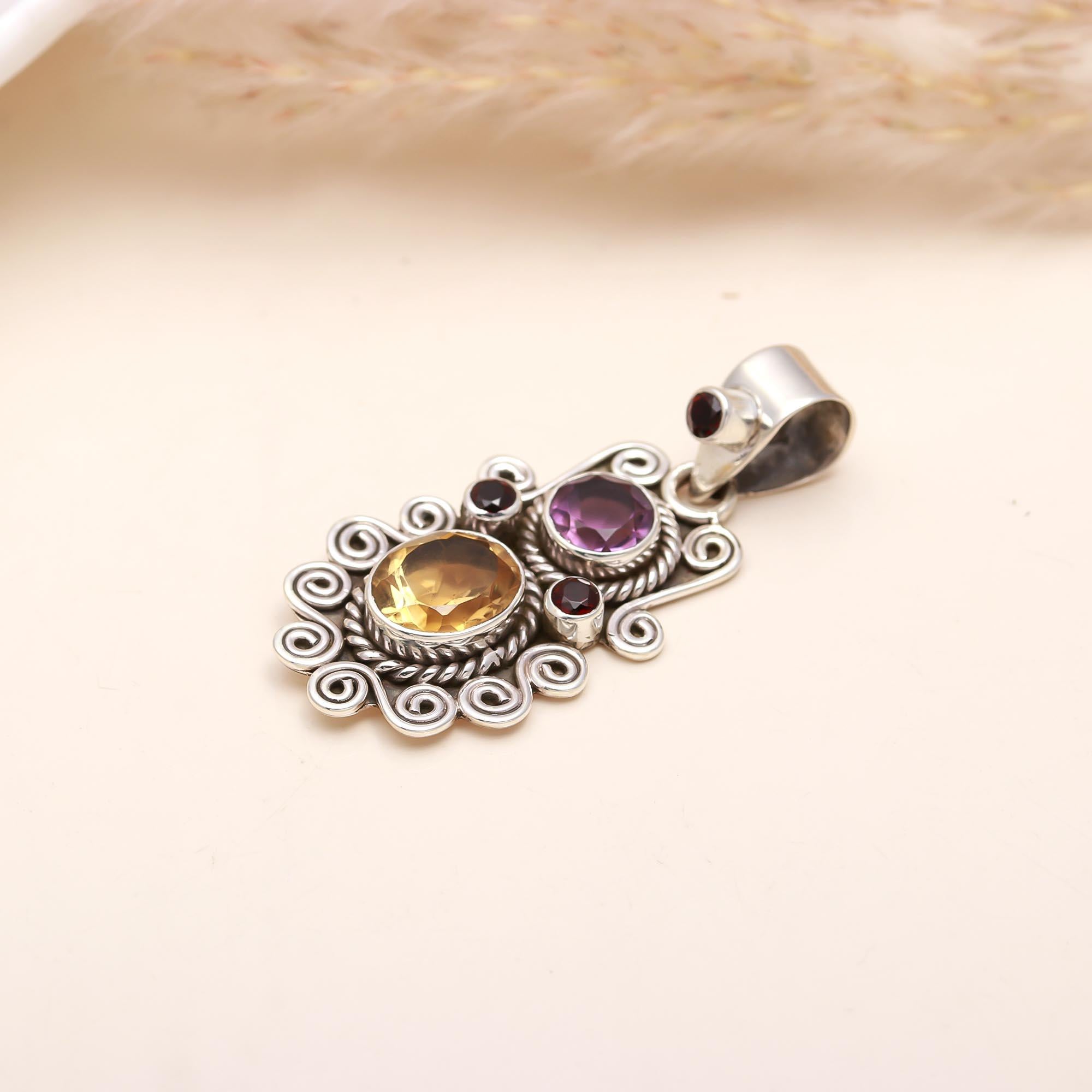 The Gemstone Harmony: Amethyst, Citrine & Garnet Pendant