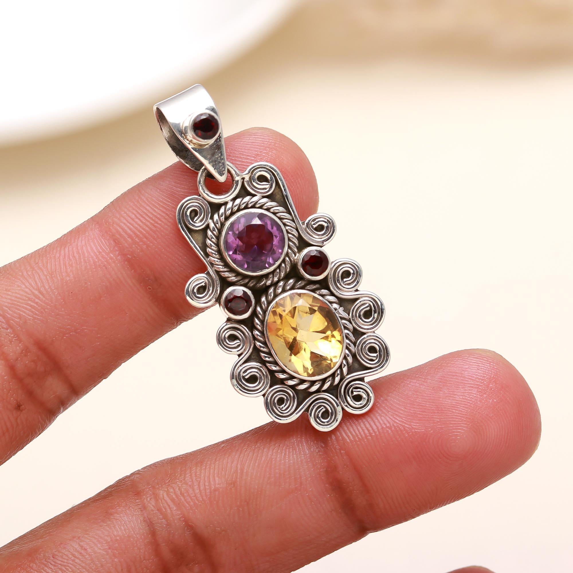 The Gemstone Harmony: Amethyst, Citrine & Garnet Pendant