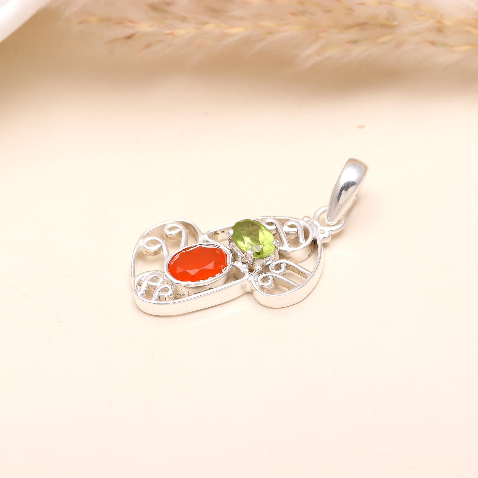 The Vibrant Duo: Peridot & Carnelian Abstract Silver Pendant
