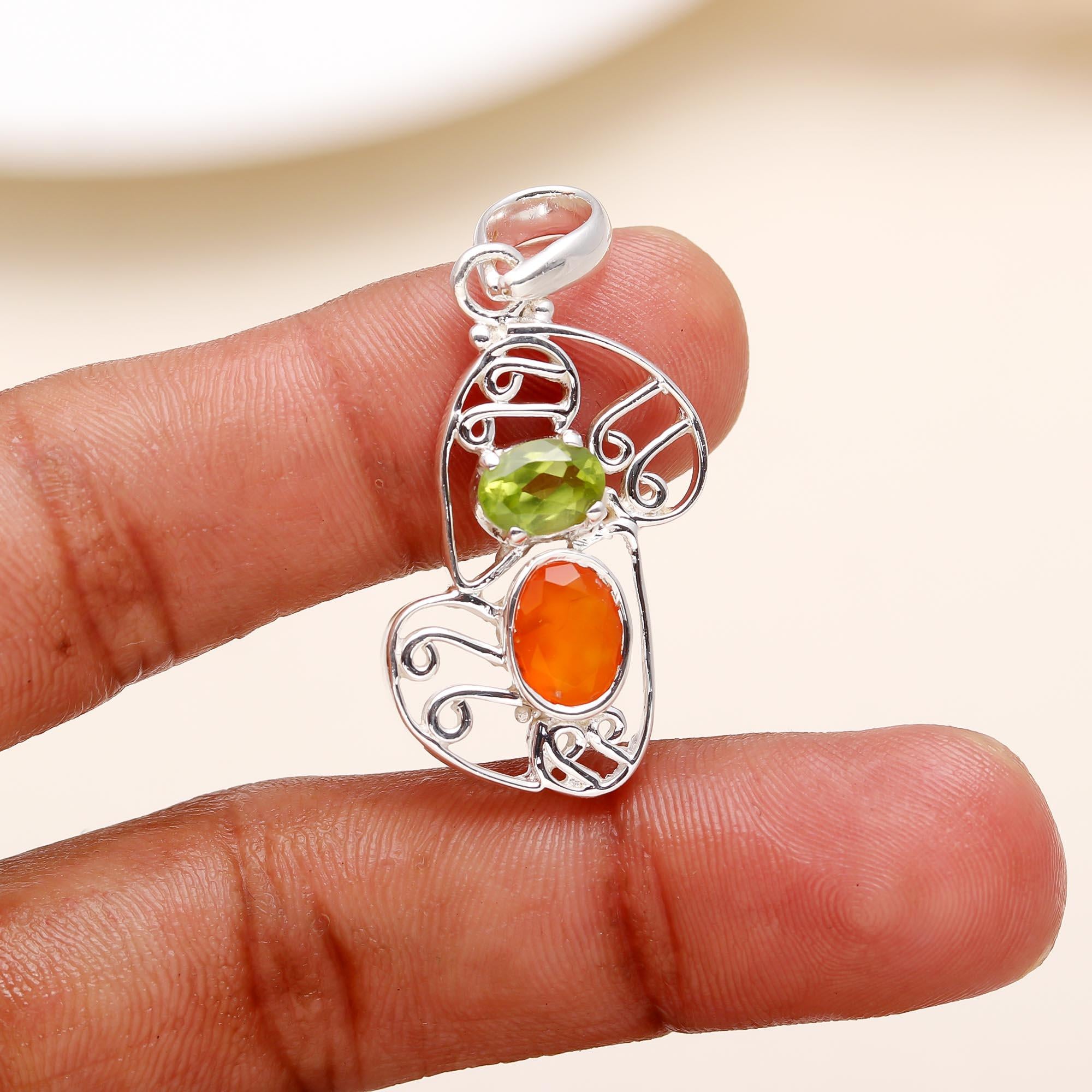 The Vibrant Duo: Peridot & Carnelian Abstract Silver Pendant