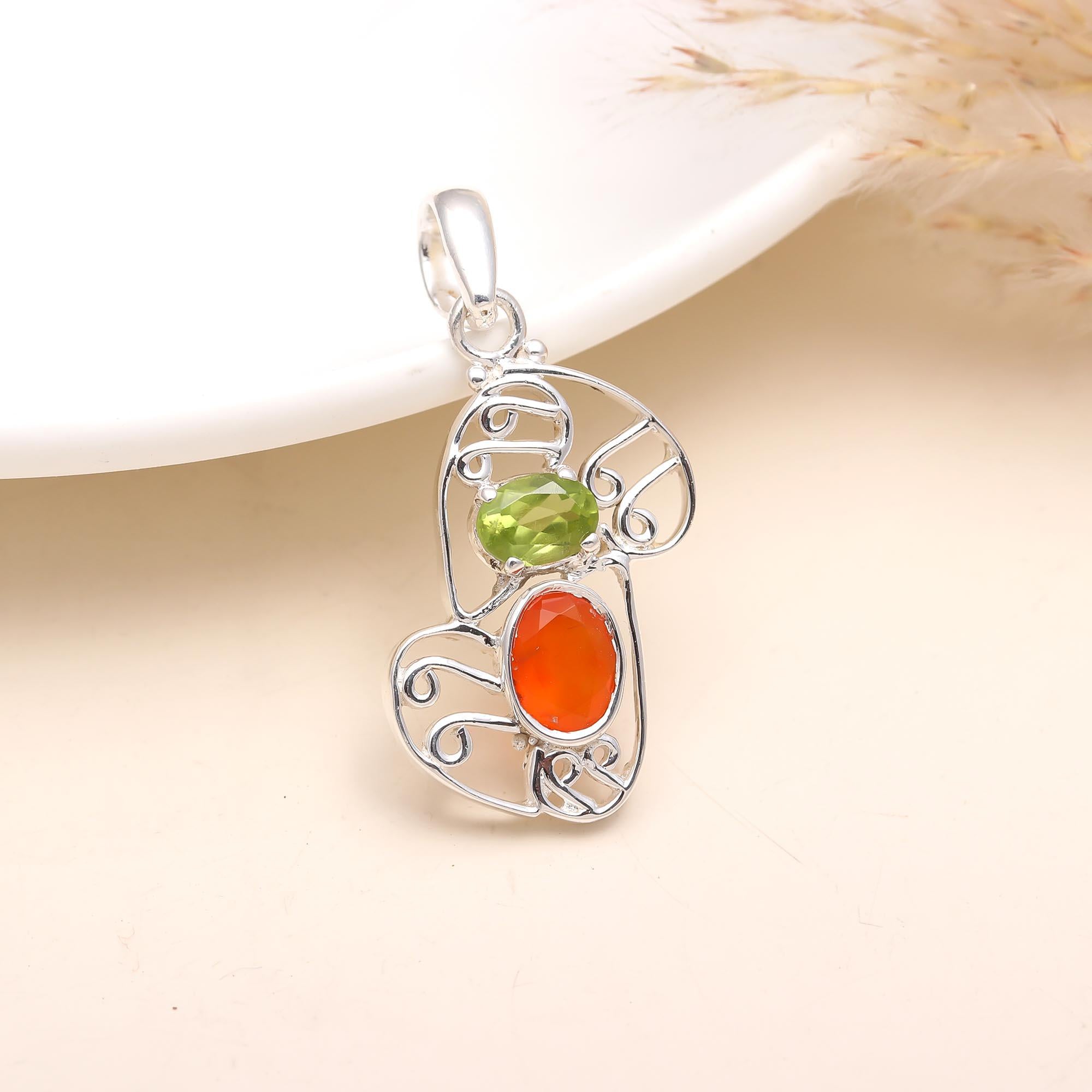 The Vibrant Duo: Peridot & Carnelian Abstract Silver Pendant