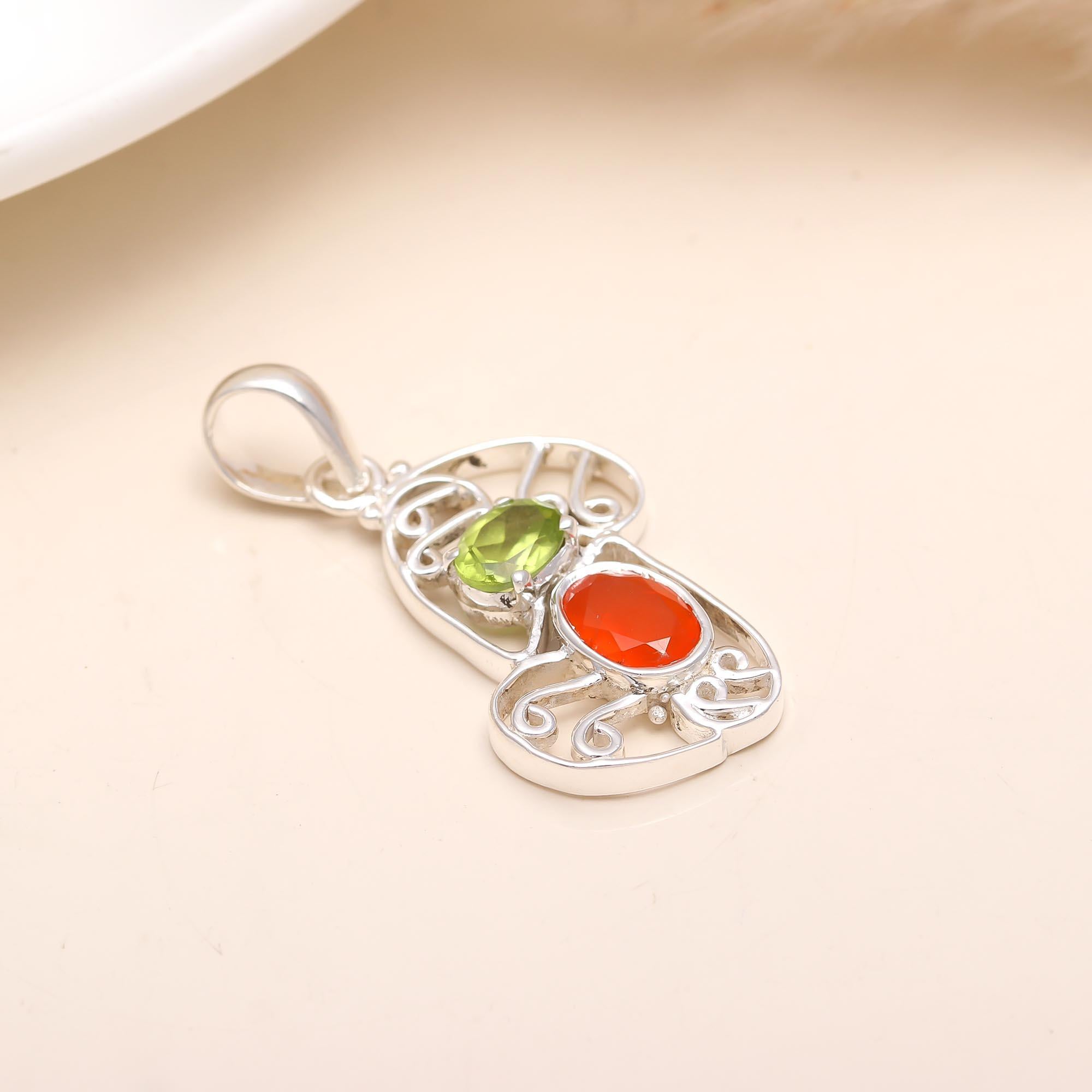 The Vibrant Duo: Peridot & Carnelian Abstract Silver Pendant