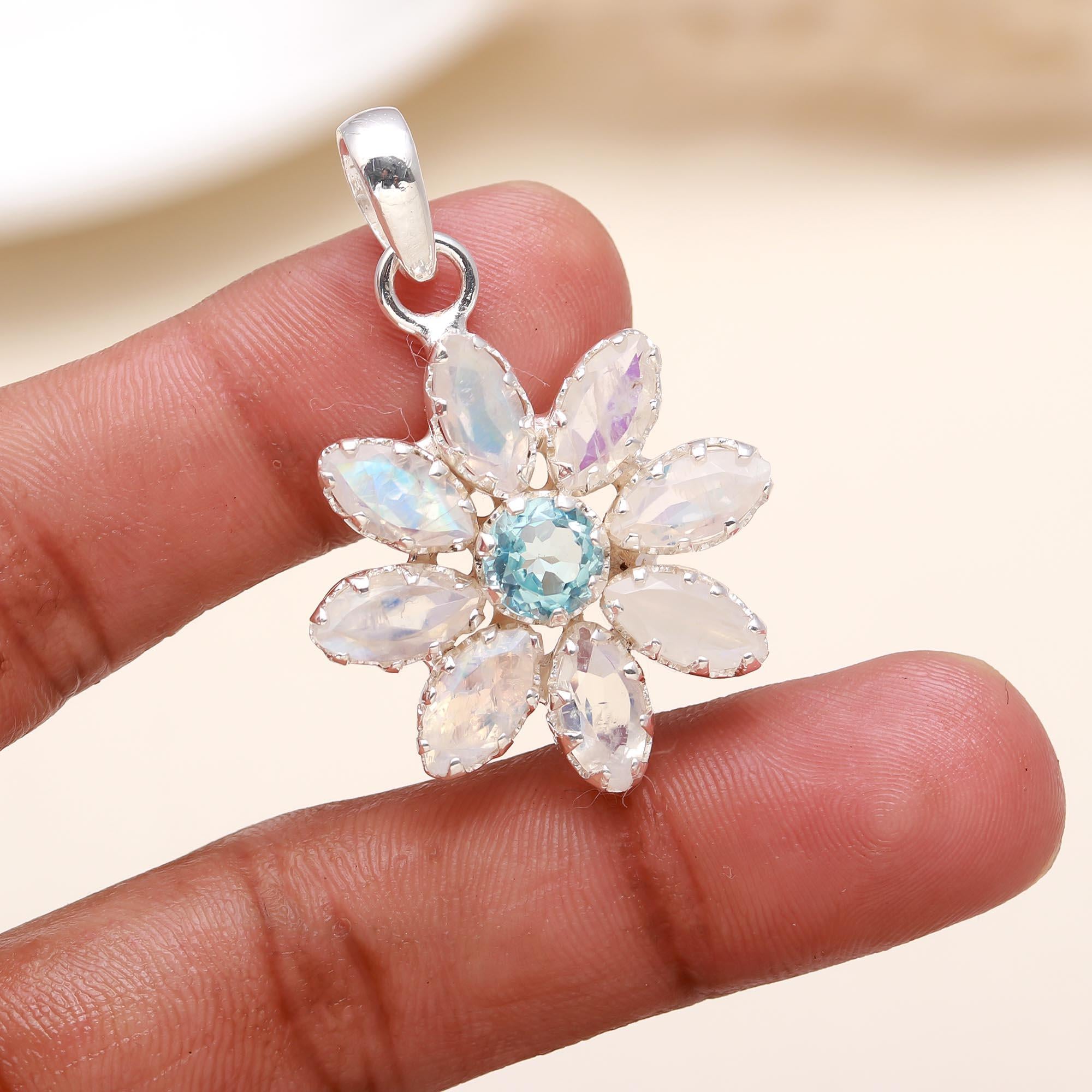The Celestial Bloom: Blue Topaz & Moonstone Flower Pendant