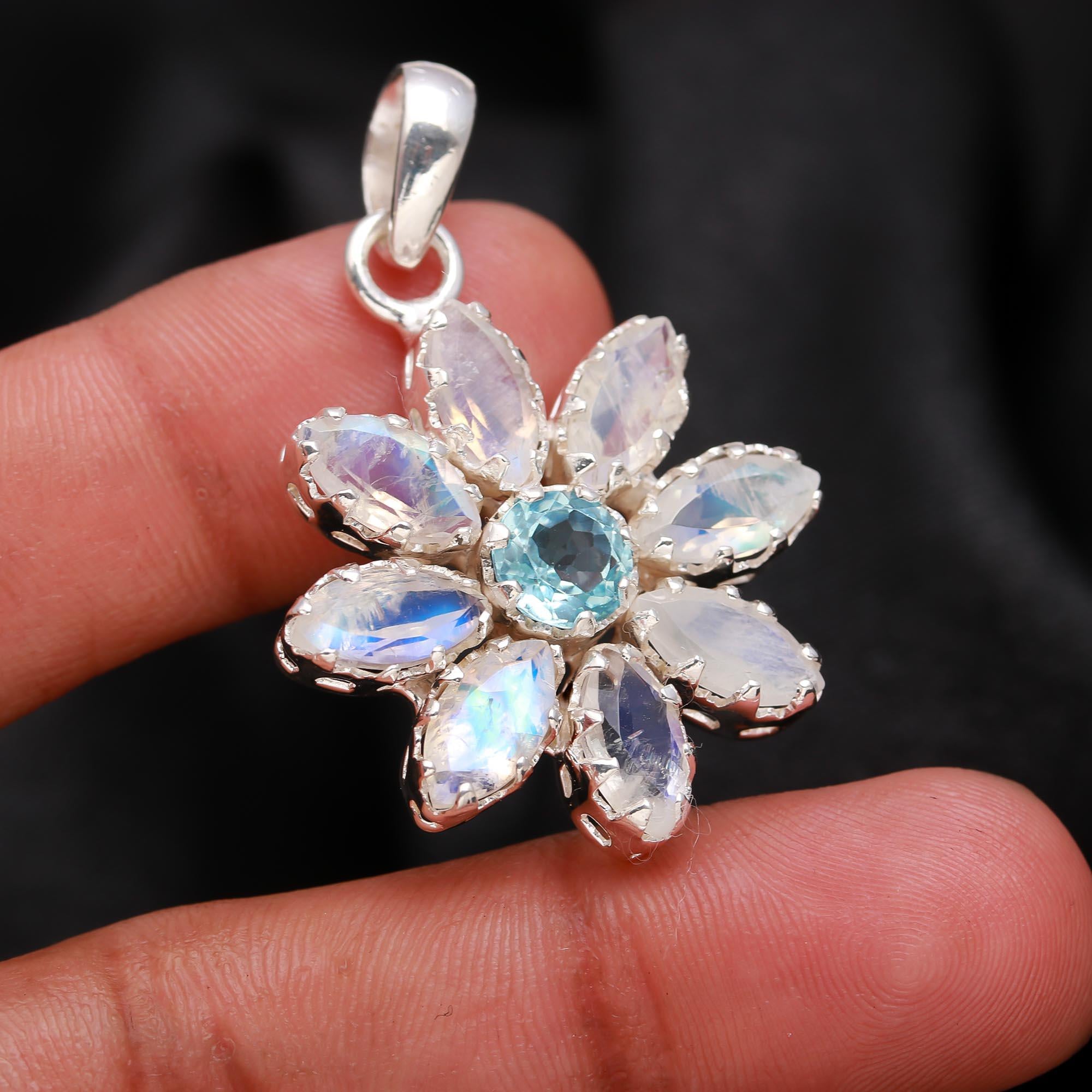 The Celestial Bloom: Blue Topaz & Moonstone Flower Pendant