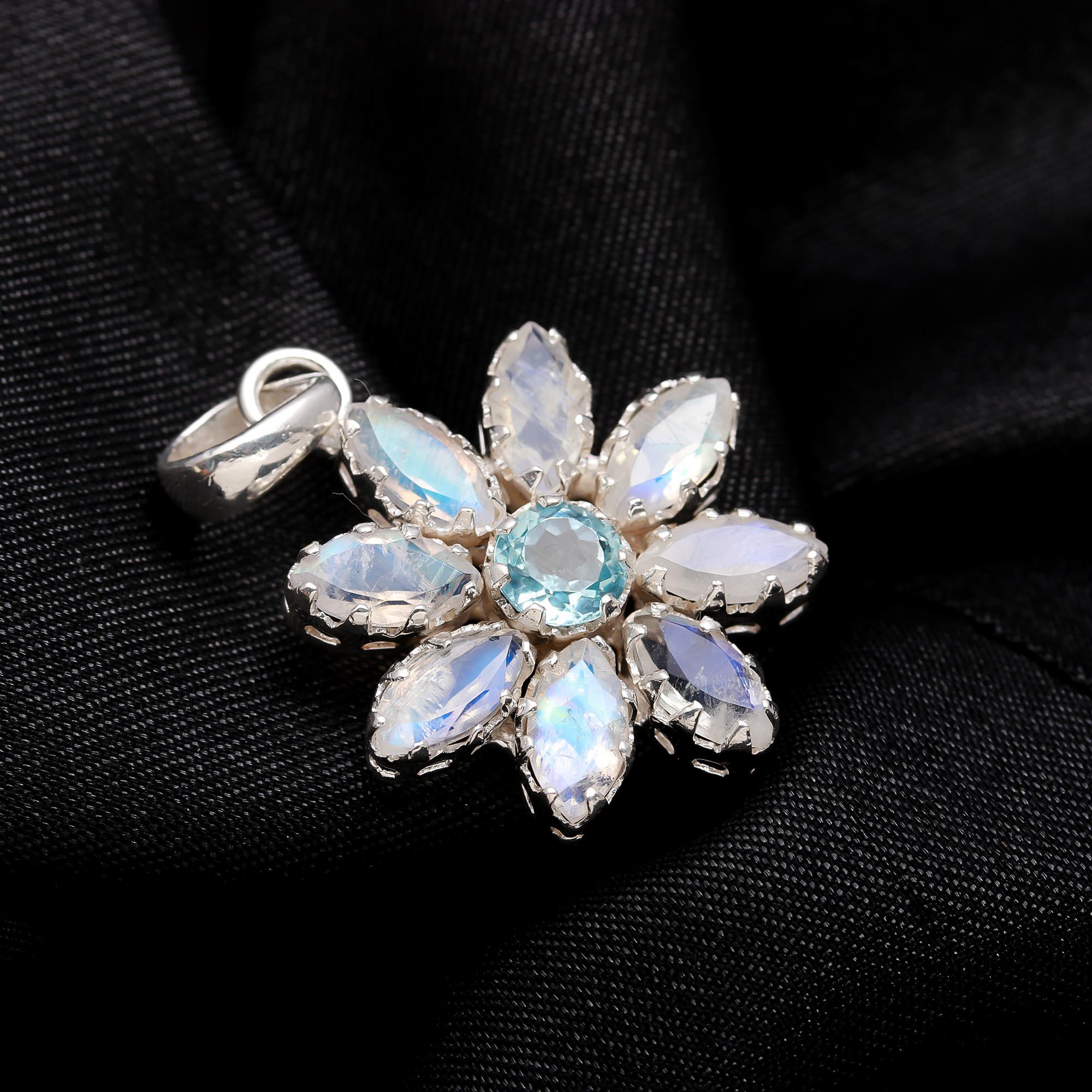 The Celestial Bloom: Blue Topaz & Moonstone Flower Pendant
