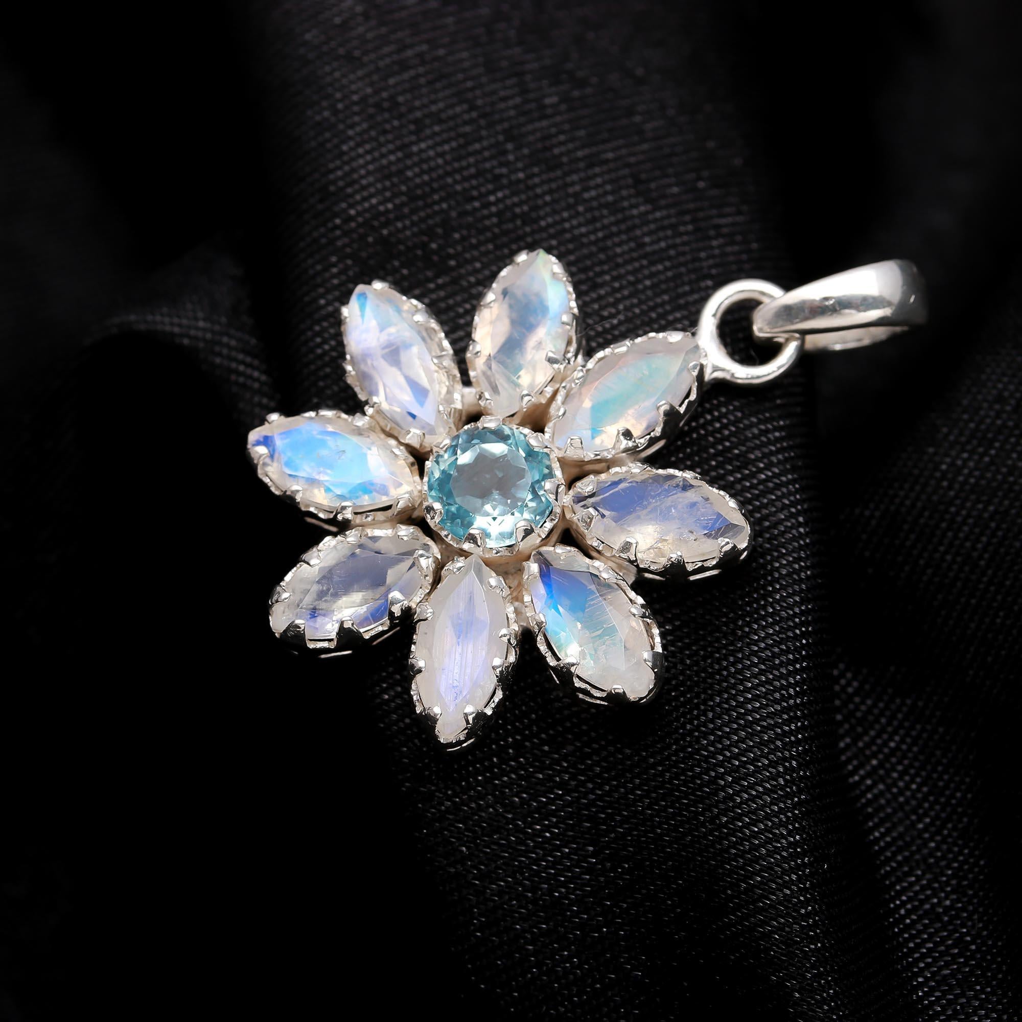 The Celestial Bloom: Blue Topaz & Moonstone Flower Pendant